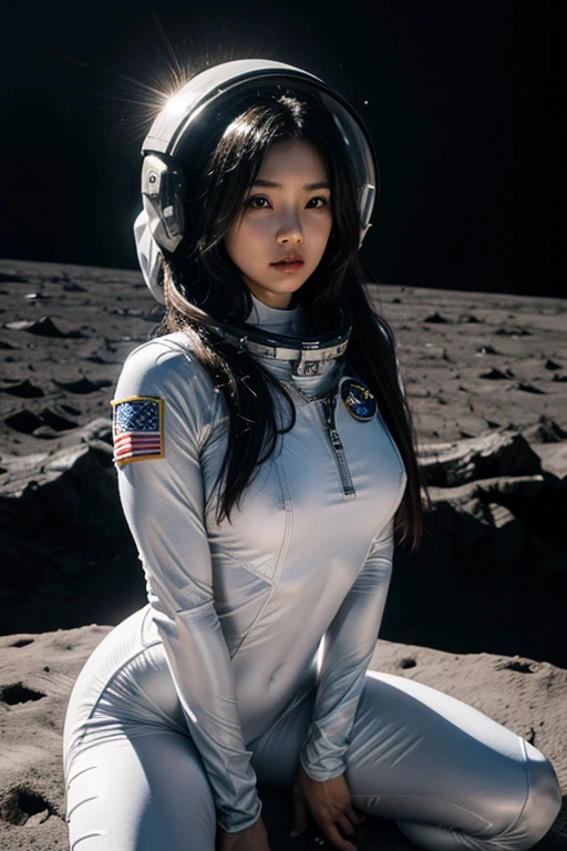 (smile)、(((Staring at the audience)))、((Wearing a space suit standing on the moon)),wear spacesuits, 白いDressed in an astronaut costume, Cute girl in a tank top, girl in space, In space, (((Dressed in an astronaut costume))), woman astronaut, ((Open stance on the moon))、((Sexy young woman's body:1.4))、(dance)、((White bikini shorts))、Large bust、