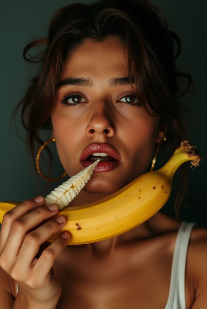 Create an image of a stunningly beautiful Ecuadorian woman in her 30s, wearing traditional American clothing. She is facing forward with her mouth wide open, biting into a whole banana (including the peel) with her right hand, showing an expression of intense ??????? and ?????? arousal. She is smiling with her eyes open. On her head, she is wearing a crown of peeled bananas, surrounded by many more bananas. The scene is filled with bananas, as if she is buried in them. Her skin is mostly covered