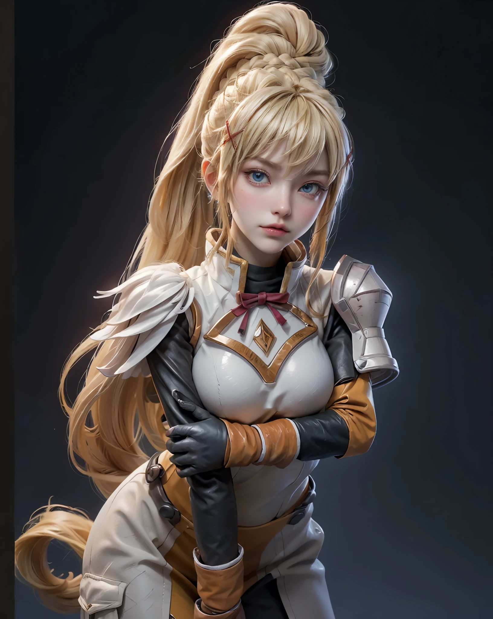 ((cowboy shot)), (1girl), darkness \(konosuba\), 4K、finedetail、超A high resolution、Detail Face、Delicat eyes、Gradient Eyes、gradation hair、bigger eyes, Double eyelids, blue eyes, lipgloss, heart lips, light tracing、realskin、Beautiful skin、((masterpiece、top-quality)), blonde hair, x hair ornament, armor, ponytail, hair ornament, gloves, shoulder armor, braid, black gloves, pauldrons, white boots, yellow armor cloth, large breasts,