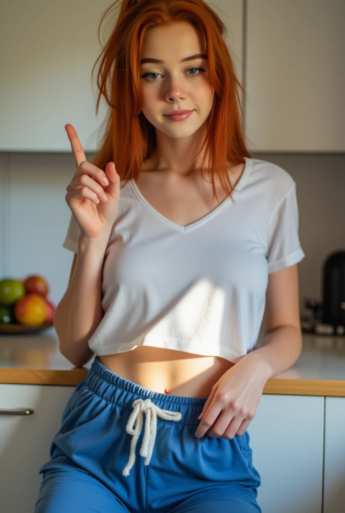 (beautiful 20-year old woman with long wavy red hair, pony tail), medium breasts, medium ass, (((she wears blue pajama pants, white t-shirt, midriff showing))), ((highest quality, 16k)), light shines on your face, highly detailed face, highly detailed lips, blue eyes, natural makeup, morning, casual, playful expression, leaning against kitchen counter with her middle finger rised, middle finger