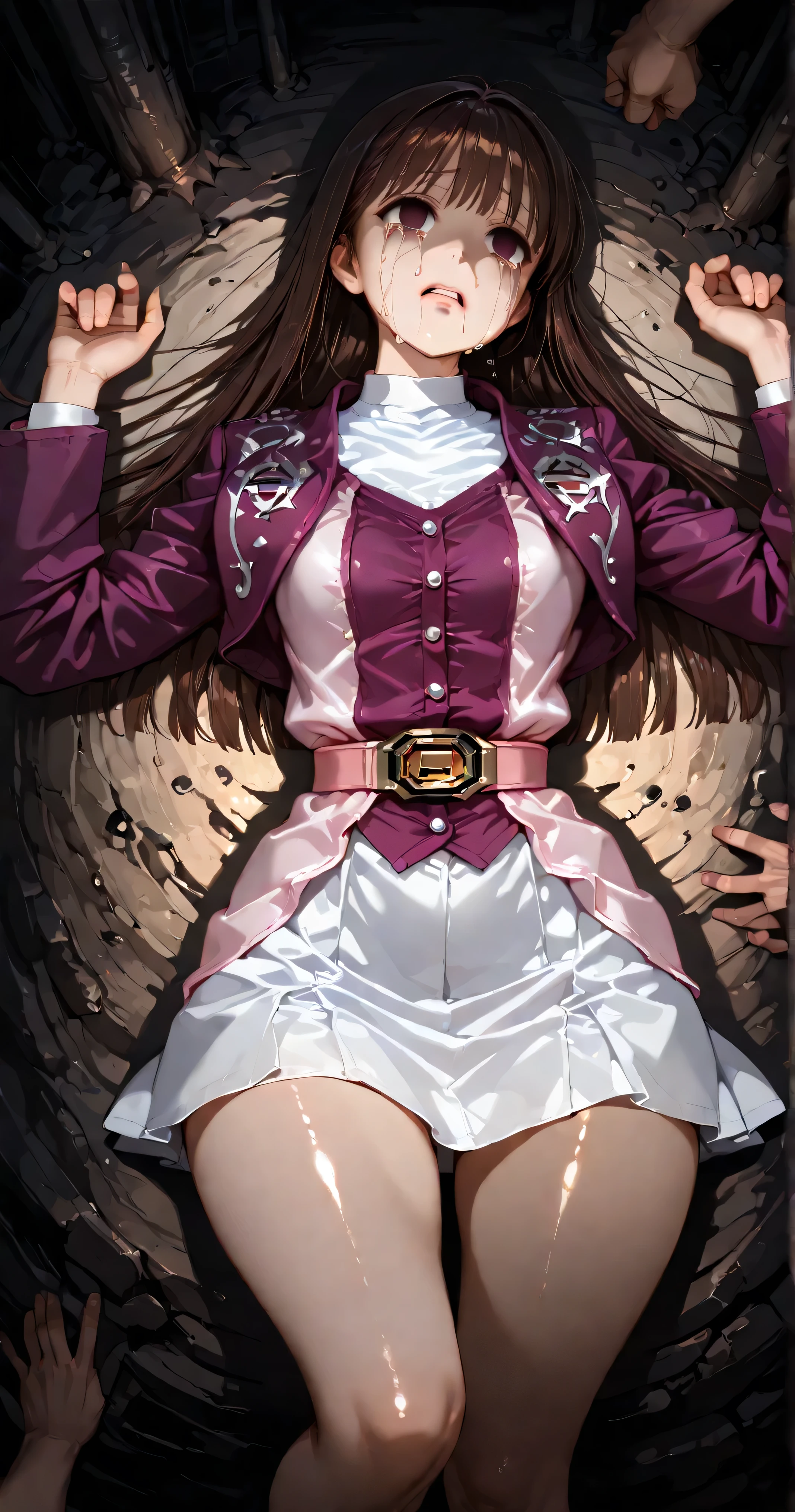 (高精細CG), (Best Quality),((view from directly above)), ((Being raped by men)),((in a dark cave)),((Composition showing the top from the waist)),((1girl)),perfect face, shiny skin , wide hips, thin waist, purple bolero jacket,long sleeve, (((white skirt))), pink belt , ((brown hair)),((Straight Hair)),((empty eyes)),((crying face)),((lying on the ground on your back)),