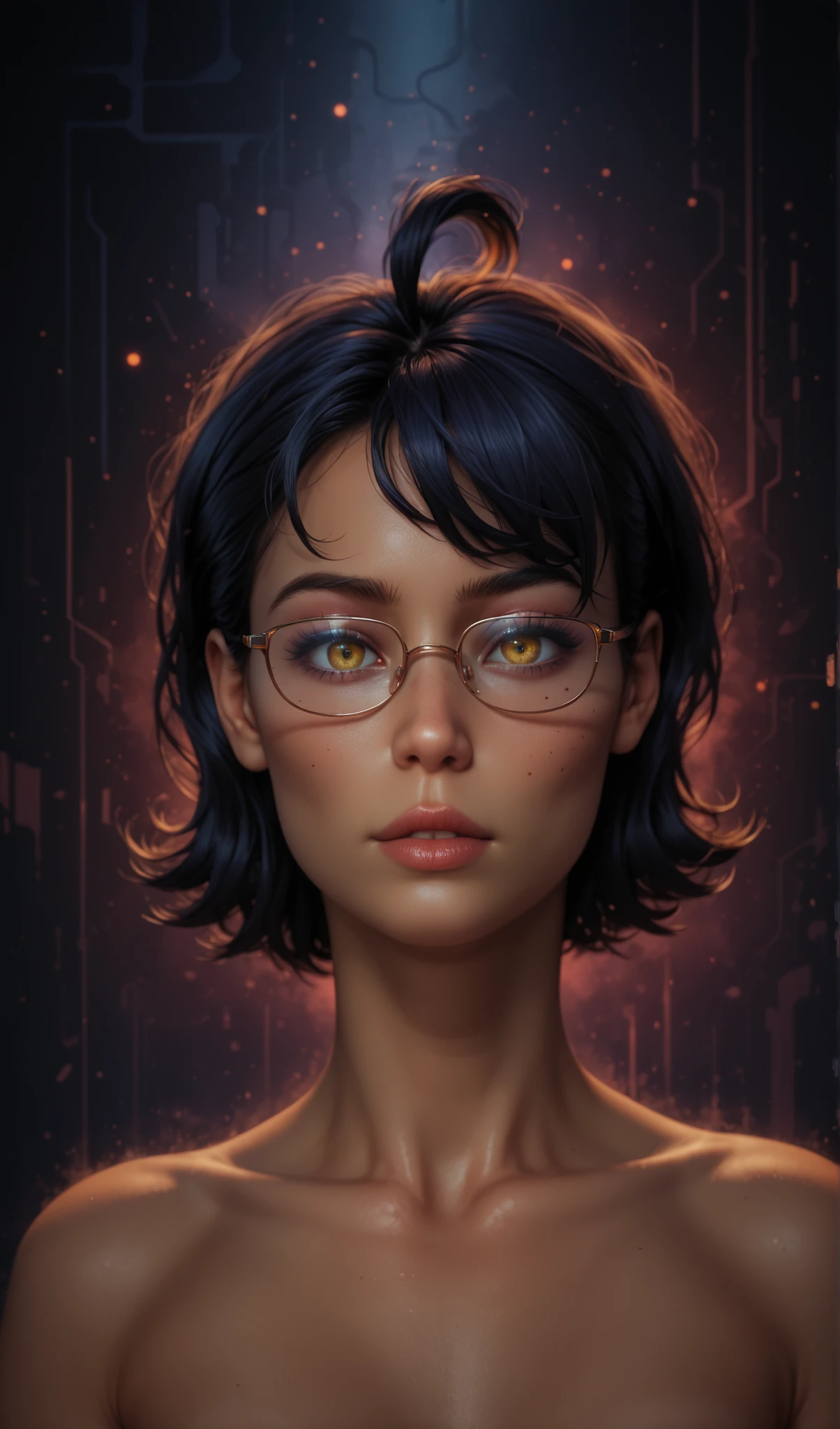 score_9, score_8_up, score_7_up, score_6_up, masterpiece, best quality, amazing quality, hyper-detailed, very aesthetic, ultradetailed, high detailed picture, look at you, dynamic pose, dynamic angle, seductive, by dmitrys, (a ghostly, haunting, aesthetic nightmare), solo, detailed face, melancholic expression, dark smoky atmosphere, moody lighting, intricate details, cinematic composition, dark fantasy, surreal, digital art, rounded face, mz, ahoge, short hair, blue hair, yellow eyes, glasses, shy, perfect flat breast, look at you, Glitch Art, grey accent, half body shot