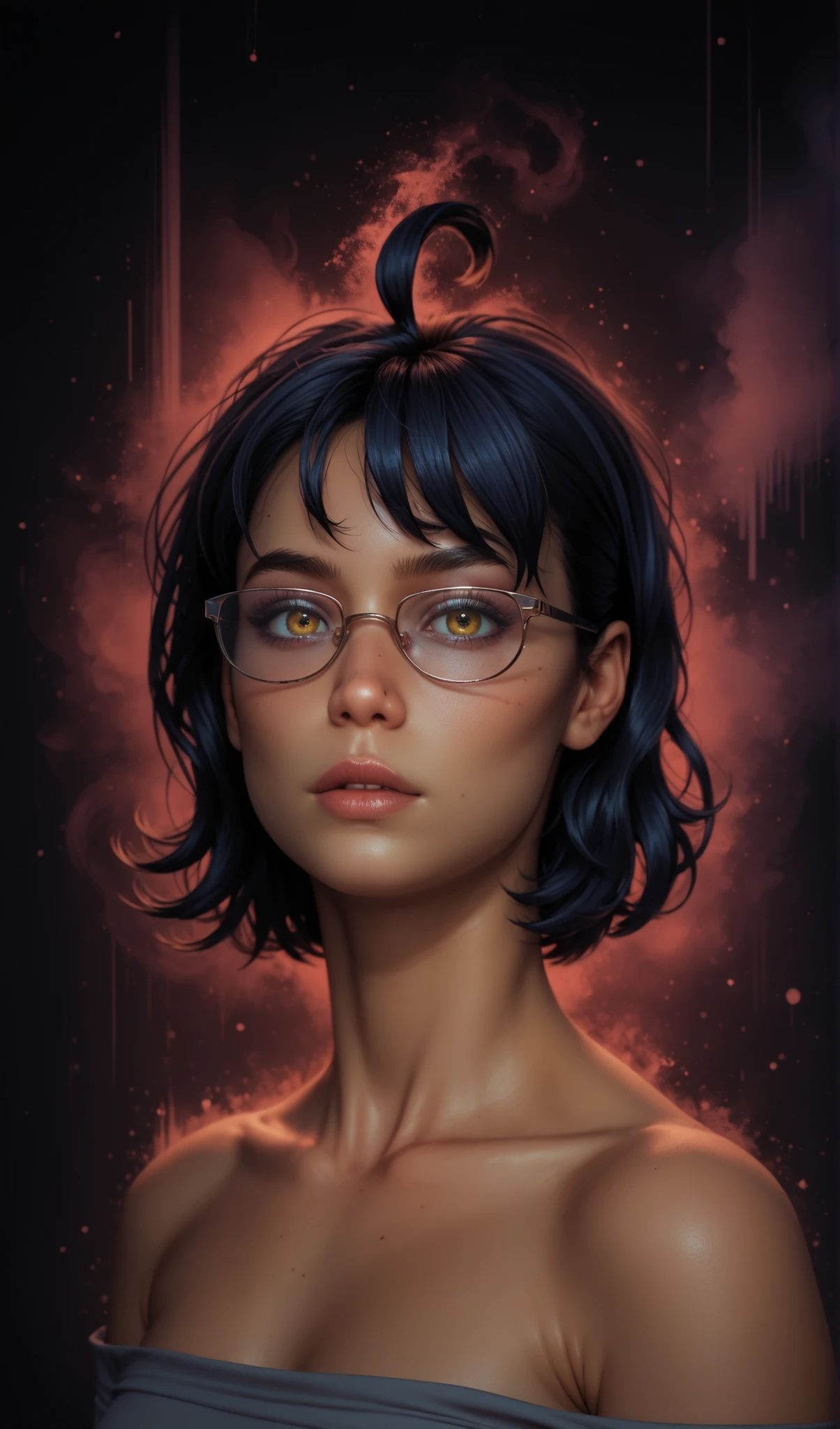 score_9, score_8_up, score_7_up, score_6_up, masterpiece, best quality, amazing quality, hyper-detailed, very aesthetic, ultradetailed, high detailed picture, look at you, dynamic pose, dynamic angle, seductive, by dmitrys, (a ghostly, haunting, aesthetic nightmare), solo, detailed face, melancholic expression, dark smoky atmosphere, moody lighting, intricate details, cinematic composition, dark fantasy, surreal, digital art, rounded face, mz, ahoge, short hair, blue hair, yellow eyes, glasses, shy, perfect flat breast, look at you, Glitch Art, grey accent, half body shot