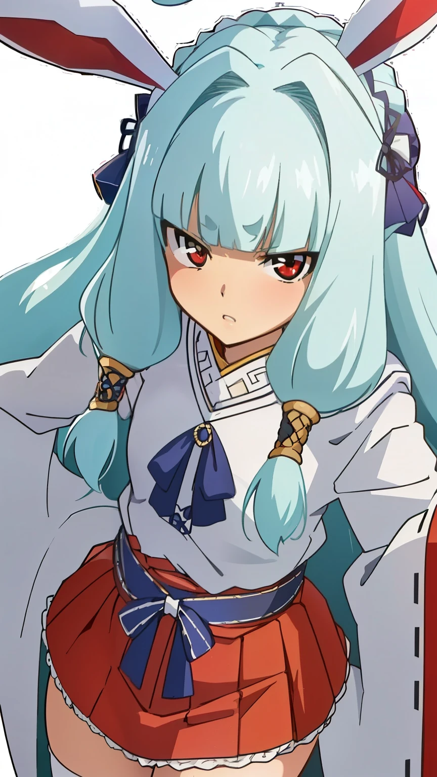 (Top quality, masterpiece, 8k), (Realistic skin texture), (anime coloring), very detailed, perfect hiar style, beautiful eyes, perfect eyes, detailed eyes, perfect eyebrows, perfect face, detailed face, perfect hairstyle, ultra-detailed, detailed eyes, symmetrical eyes, (dynamic angle), sharp details, oboro,1 girl,(ta:1.6), silver hair, long hair, (((slim body))), (small breast), (thin thighs), (((short stature))), red eyes, (bad mood:1.3), beautiful eyes, hair cuffs, hair accessories, hair flaps, bunny ears, blunt bangs, solo, (shrine maiden outfit, wide sleeves, red mini skirt), (big high neck), (cowboy shot:1.4), looking at the viewer, in the center of the image, sexy poses, dynamic angles,