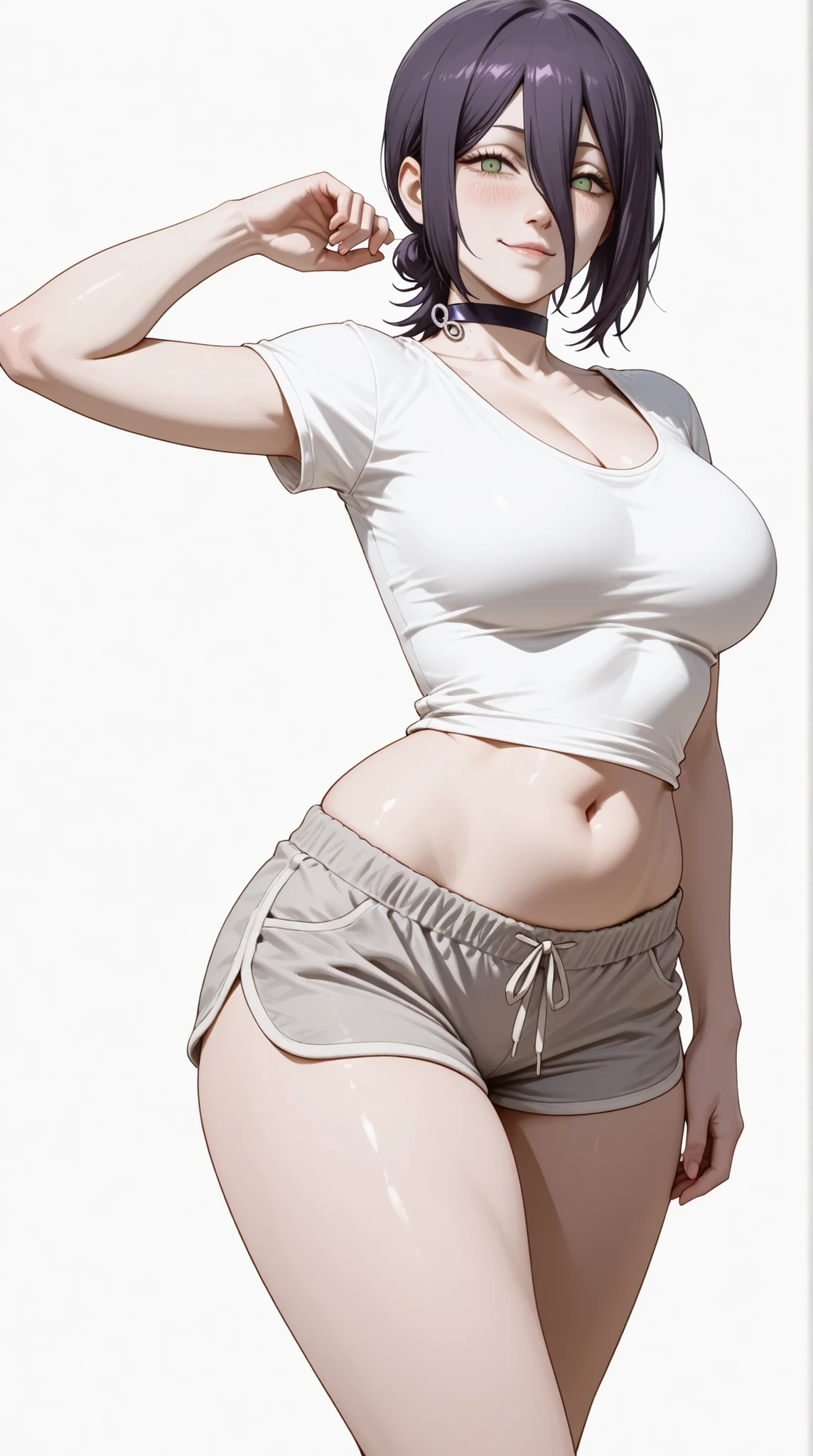 masterpiece, extremely detailed, intricate details, more details, many details, perfect skin texture, 8k, 8k resolution, solo, 1girl, adult,((fullbody)), stand up, reze (chainsaw man), sexy legs, perfect body, large breasts, white t-shirt, grey shorts, housewife, soft light, high detailed, best quality, midriff, navel, navel line, belly, bare belly, sexy, hot girl, hot woman, big breasts, sexy girl, sexy woman, korean face, beautiful, thick thighs, thigh thighs, upper body, t-shirt, beautiful girl, beautiful woman, hot pose, perfect hands, wide hips, expressive, looking at viewers, front look, sexy pose, photography, white plain background, white background, mature, cleavage, girlish face, reze, purple hair, eyebrows hidden by hair, green eyes, hair between eyes, long bangs, short hair, medium hair, cowboy shot,((white plain background))