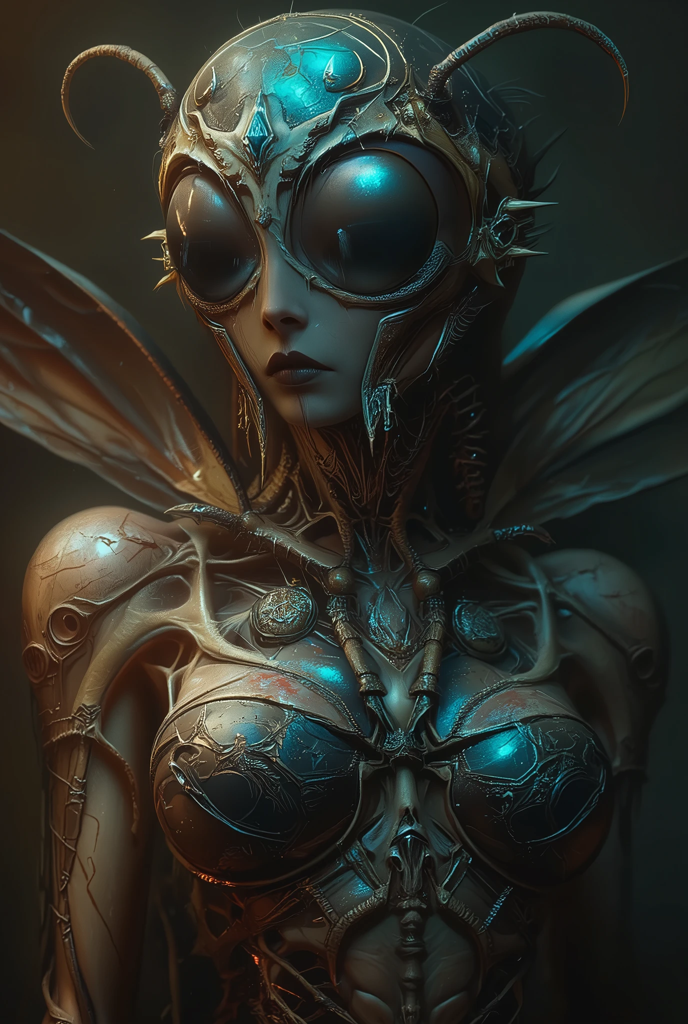 (Best Quality, 4K, high definition, masterpiece:1.2), (super detailed, photorealistic looking happy:1.37), photo taken by professional photographer, a beautiful, extremely sensual queen of bugs, detailed facial features, elegant posture, alluring expression, best quality, 4K, high resolution, photorealistic, HDR, UHD, studio lighting, vivid colors, fantasy scene, dark atmosphere, dramatic lighting, intricate details, macro photography, insect portrait, neon colored