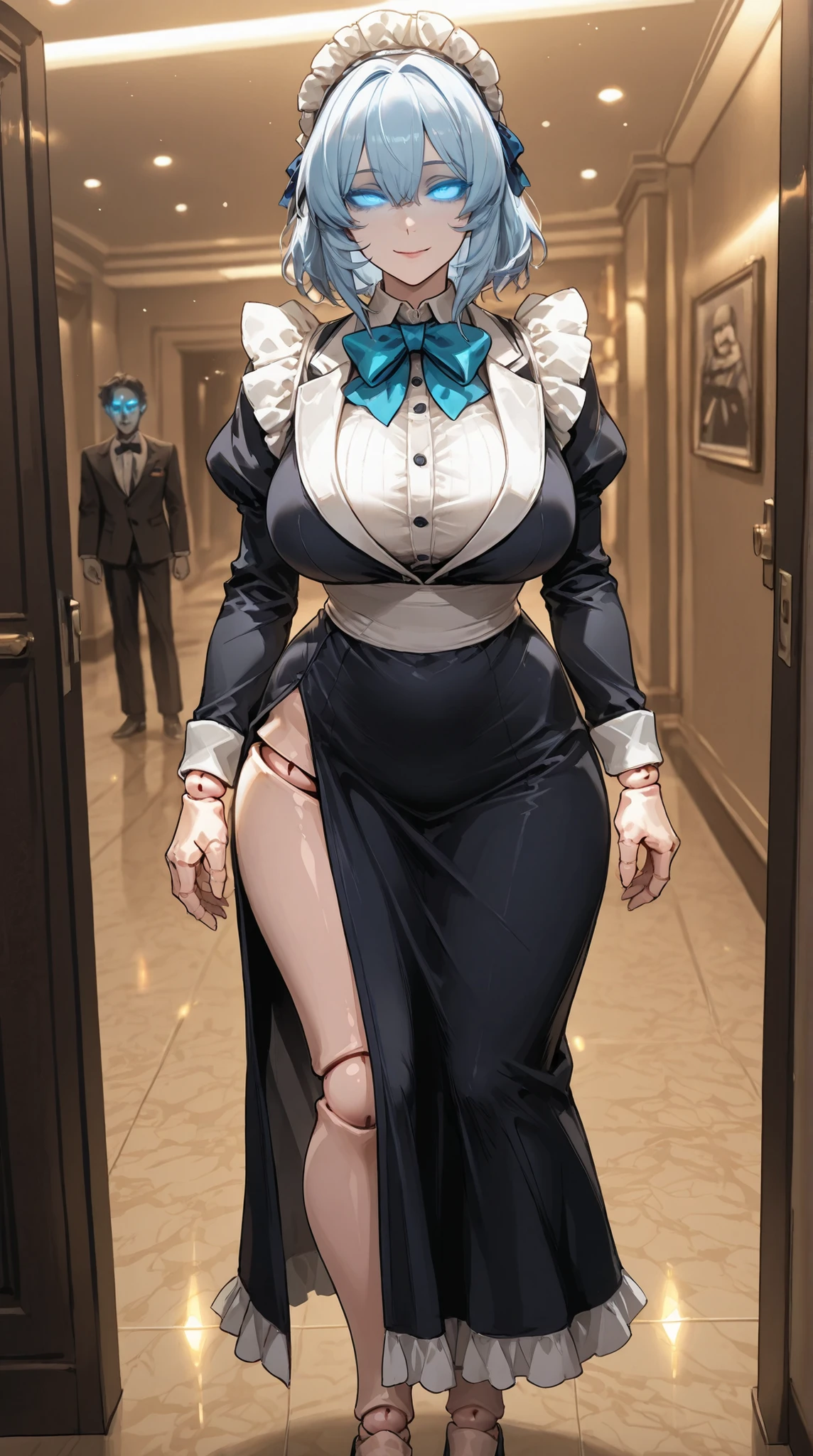 girl doll, maid suit, blue bow,  floor-length dress  . short light blue hair, 1 girl, (one) , ((doll joints)), hips,(kind face), doll joints того же цвета что и одежда. big breasts, CURVY FIGURE, wide-hipped, толстые hips, fluorescent Blue glowing glass eyes, standing in the hotel lobby,  closed clothes .