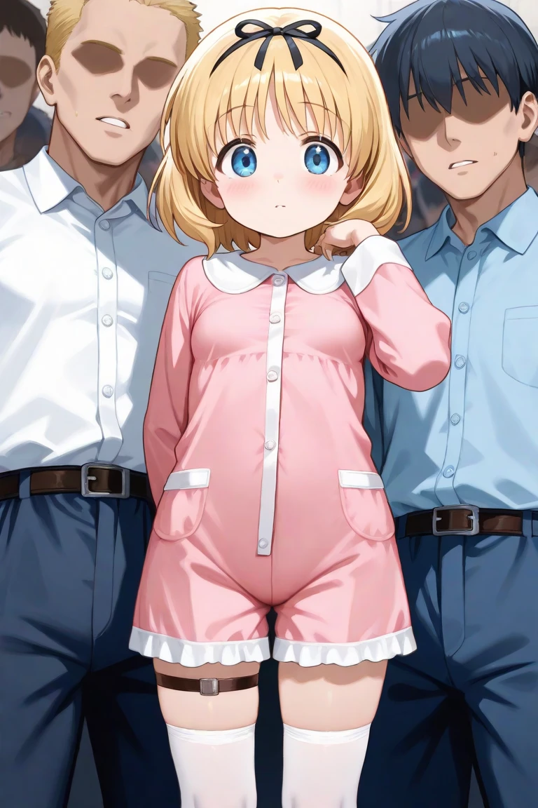 score_9, score_8_up, score_7_up, (anime colors:1.2), Kasugano Urara, blonde hair, twintails, pink scrunchie, brown eyes, full body, indoors, school bathroom, small breasts, petanko, blush, nose blush, multiple boys, surrounded by many fat men, penis, erect penis, looking nervous, micro bikini, stripped bikini, standing, fat men, perverted look, uncensored,