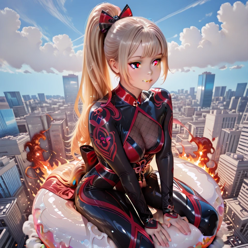 ((Ful  body):2), {((Only one woman):1.2)}:((Wearing all black Samus Aran cyber suit with neon parts, extremely tight on the body):1.2), ((has extremely tight breasts): large):1.2),  (is looking at the viewer, making erotic poses, giving a small and simple smile):1.2). ((Totally destroyed alien city with burning buildings, it's night, raining hard):1.5), anime, anime style, 16k, UHD, masterpiece, high quality, high details