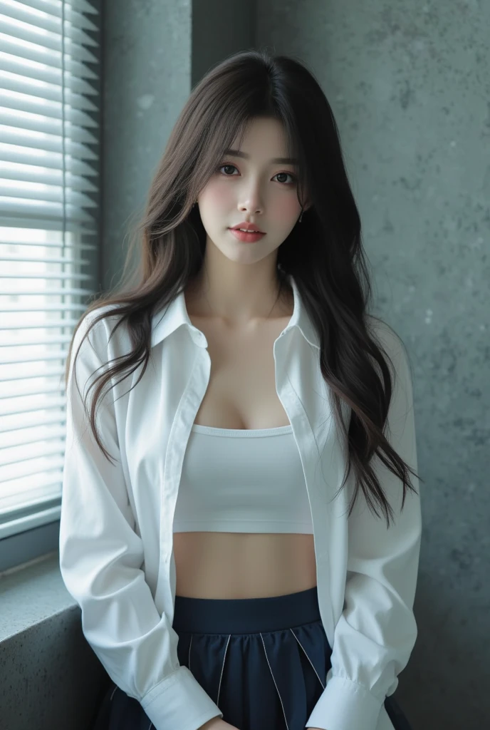 RAW photo, extremely delicate and beautiful, masterpiece, Best Quality, ultra high resolution, 16k, hyperrealistic, ultra-detailed, Very detailed CG 8k wallpaper, Beautiful Lighting, Perfect Lightning, Realistic Shadows, perfect anatomy, super Detailed shiny skin, perfect figure, Japanese woman, late 20s, very Slim body, narrow waist, very small head, handsome detailed woman, very detailed eyes and face, realistic face proportions, Stunning detailed eyes, Realistic beautiful face, very small face, Realistic small beautiful eyes, double eyelids, makeup, tearful mole, mole on chest, earring, (very huge round breasts), (full body shot), (short hair), wavy hair, (school uniform, summer school uniform shirt),