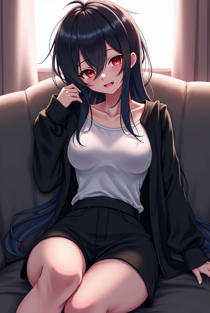 A girl with long black hair is sitting on the bed He is wearing a long coat over a plain black hoodie with a hood Red eyes She is wearing a black pleated skirt tall With bangs Beautiful face Thin legs Smooth, long, straight hair Long and narrow face With waistline A little bit of cleavage is visible Keeping your left hand in your pocket Anime Style hair longer than shoulders Crossing your legs It seems like he's been hurt