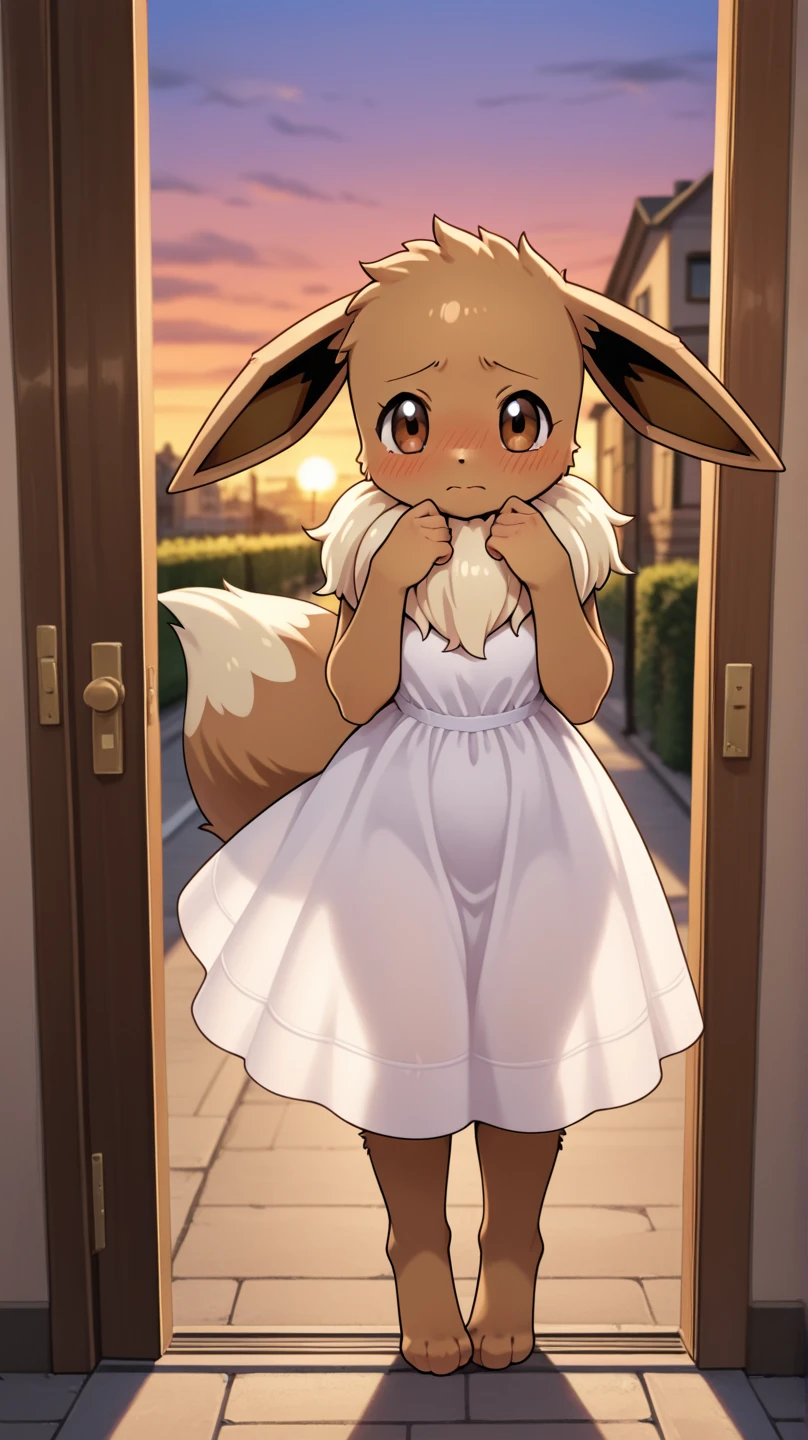 female, solo, pokemon (species) eeveelution, eevee, multi colored fur, fluffy, hires, detailed, anime, kemono, dagasi, park, detailed background, beautiful detail, sparkles, pixiv, cute kawaii, white sundress, dancing, white panties, upskirt, camel toe,