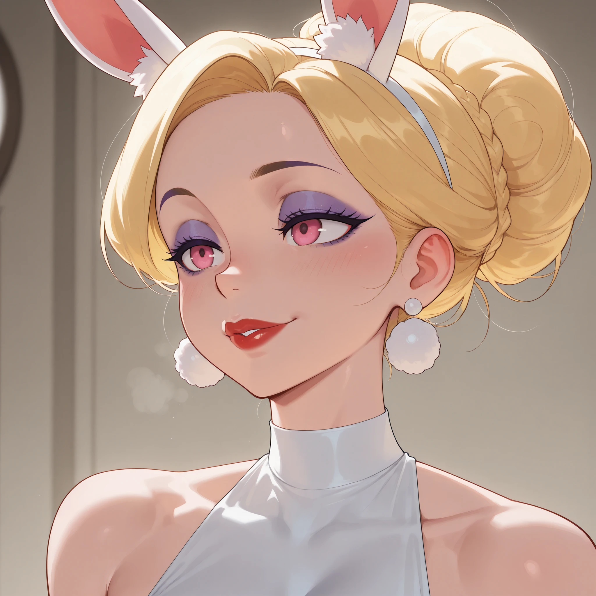 An extremely super beautiful impossibly gorgeous mature woman with purple eyeshadow makeup, half-lidded pink eyes, faint pink blushes, slim neck, cute ears, a small nose, blonde elegant bouffant hairstyle, extremely fair white pale shiny skin, and red glossy plump bimbo fat round lips. She is slightly smiling and is looking straight at the user. Only show the woman's face, face closeup, super detailed, beautify her face.