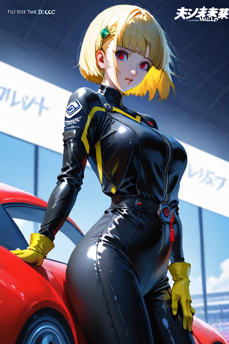 18 yo girl,yellow spider suit,short blunt hair,blonde,beautiful face,rain,masterpiece,intricate detail,Open mouth,perfect anatomy,Back head,arch back,
by artist Shuichi Shigeno,