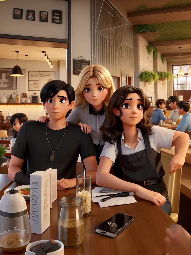 three beautiful people, a boy with black hair, a blonde woman and a young woman with dark brown hair in a restaurant