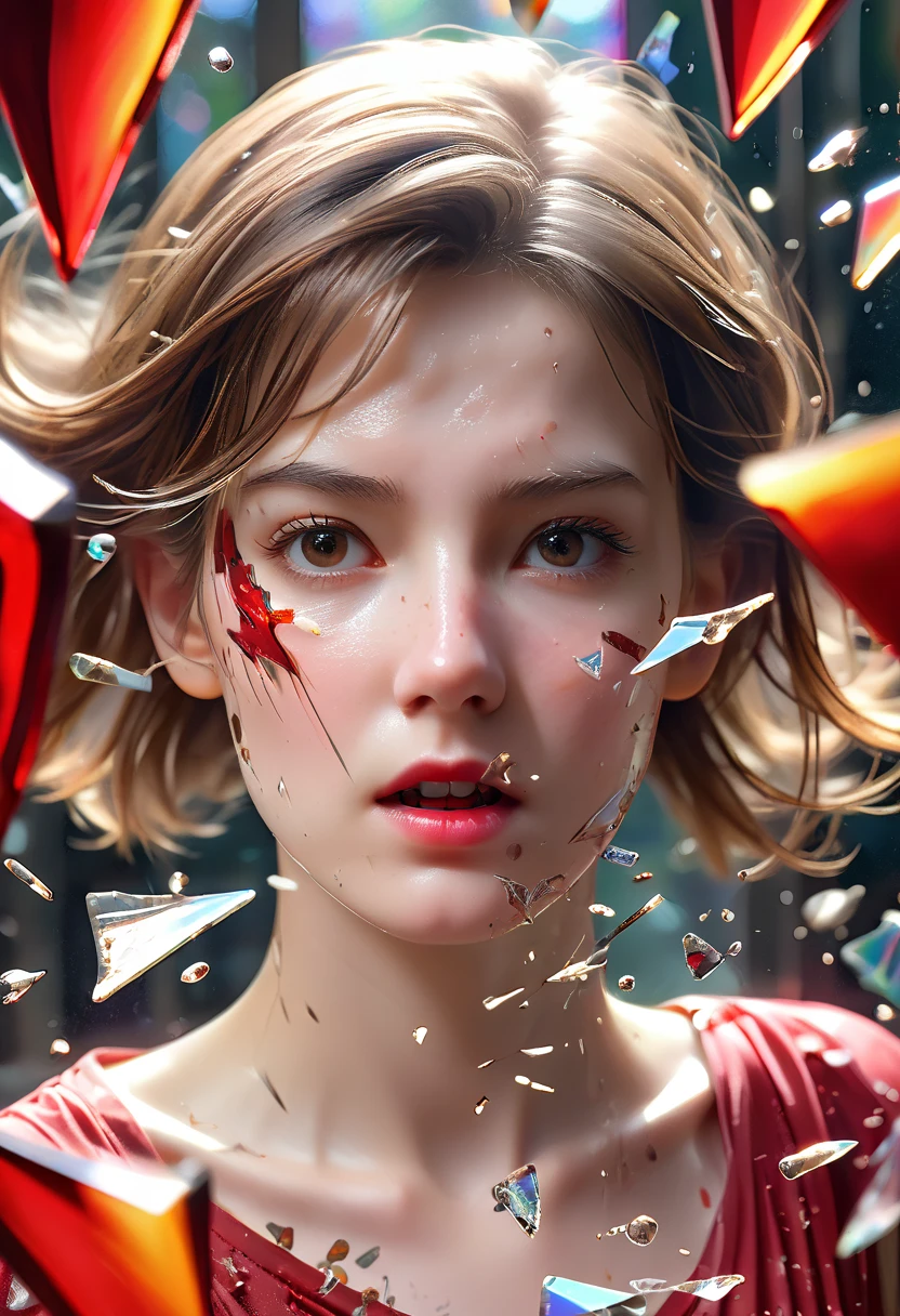 (best quality,Super fine,fidelity:1.37),beautiful girl,cold expression,Red viscous liquid oozes from facial scratches,close up。bullets flying in the air,broke the glass。Instant capture,penetrating glass shards,Detailed bullet trajectories,violent impact,Scattered shards of glass,Debris in mid-air,slow motion freeze,high speed capture,dynamic chaos,precise timing,Flying debris,suspended in the air,dancing fragments,stained glass shards,refracted light,Move fast,translucent shards,windows in fragments,