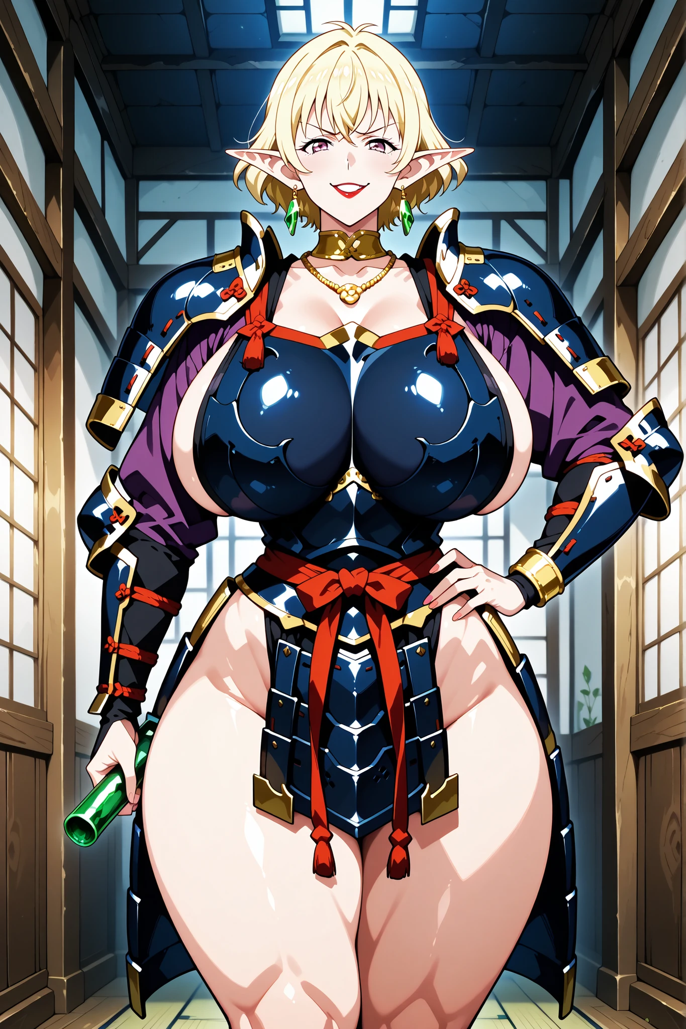 Elfa madura ,  elf ears, mature woman, blond hair, short hair, olhos azuis, (pretty eyes), evil expression, red lipstick background, malevolent smile, giant breasts e pesos, seios flácidos de mature woman, big , huge breasts, ( samurai armor : 1.5), ultrabody, huge breasts, (giant breasts: 1,5), ( saggy and soft breasts ), curvy body, thin waist, Slim hips, (thick thighs), (pose confidently: 1.3), ( hand on hip: 1.4), (Best Quality: 1,5), (Tall details: 1,5), (anime art style: 1,5), score_9, score_8_acima, score_7_acima, score_6_acima , score_5_acima , score_4_acima. (holding tube: 1.5), (gold bracelets: 1.4), (gold necklace with emerald: 1.5), ( Emerald earrings : 1.4)