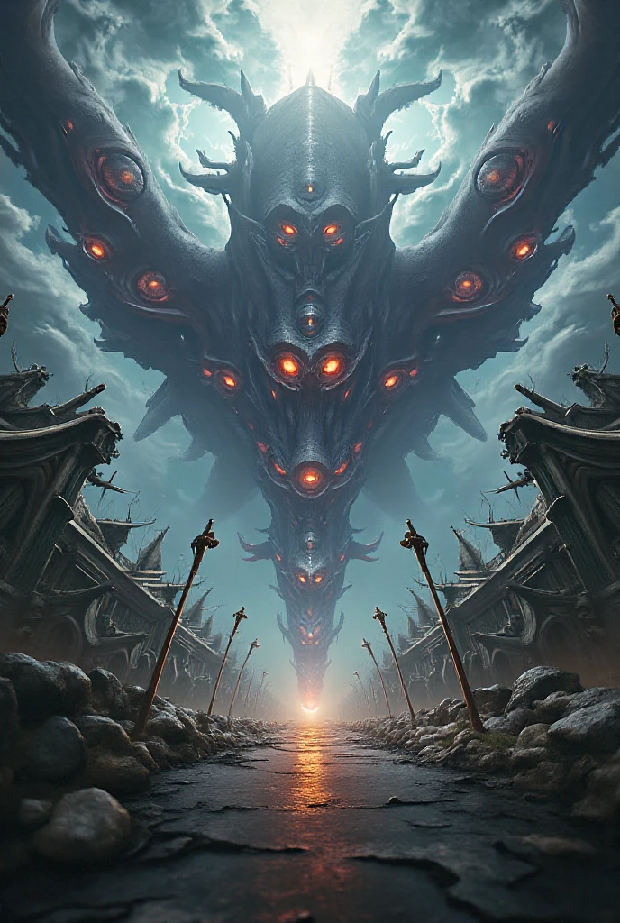 (best quality,Cao Cao,ultra detali),Portrait of alien creature,fish type,Big size,beach landscape,sea of alien green water,five shining eyes,spiky teeth,colorful scabrous scales,red skies,portraite,horor,conceptual artists,vivid colors,sharp focus,studio lighting