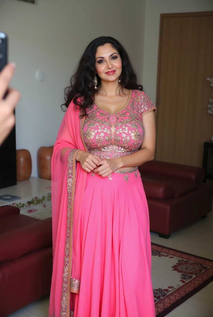 (best quality,4k,8k,highres,masterpiece:1.2),ultra-detailed,(realistic,photorealistic,photo-realistic:1.37),indian actress with smily with red dress,1girl,beautiful detailed eyes,beautiful detailed lips,extremely detailed eyes and face,long eyelashes,shiny black hair,sun-kissed skin,golden bangles and earrings,sparkling smile, flowing gown,silk fabric,flowy texture,fine embroidery,pink silk ribbon,bright and vibrant colors,portrait style,soft lighting,delicate brushstrokes,vivid and warm color palette,subtle shades of pink and gold,sunlit garden background with blooming flowers,green foliage,soft and dreamy atmosphere.