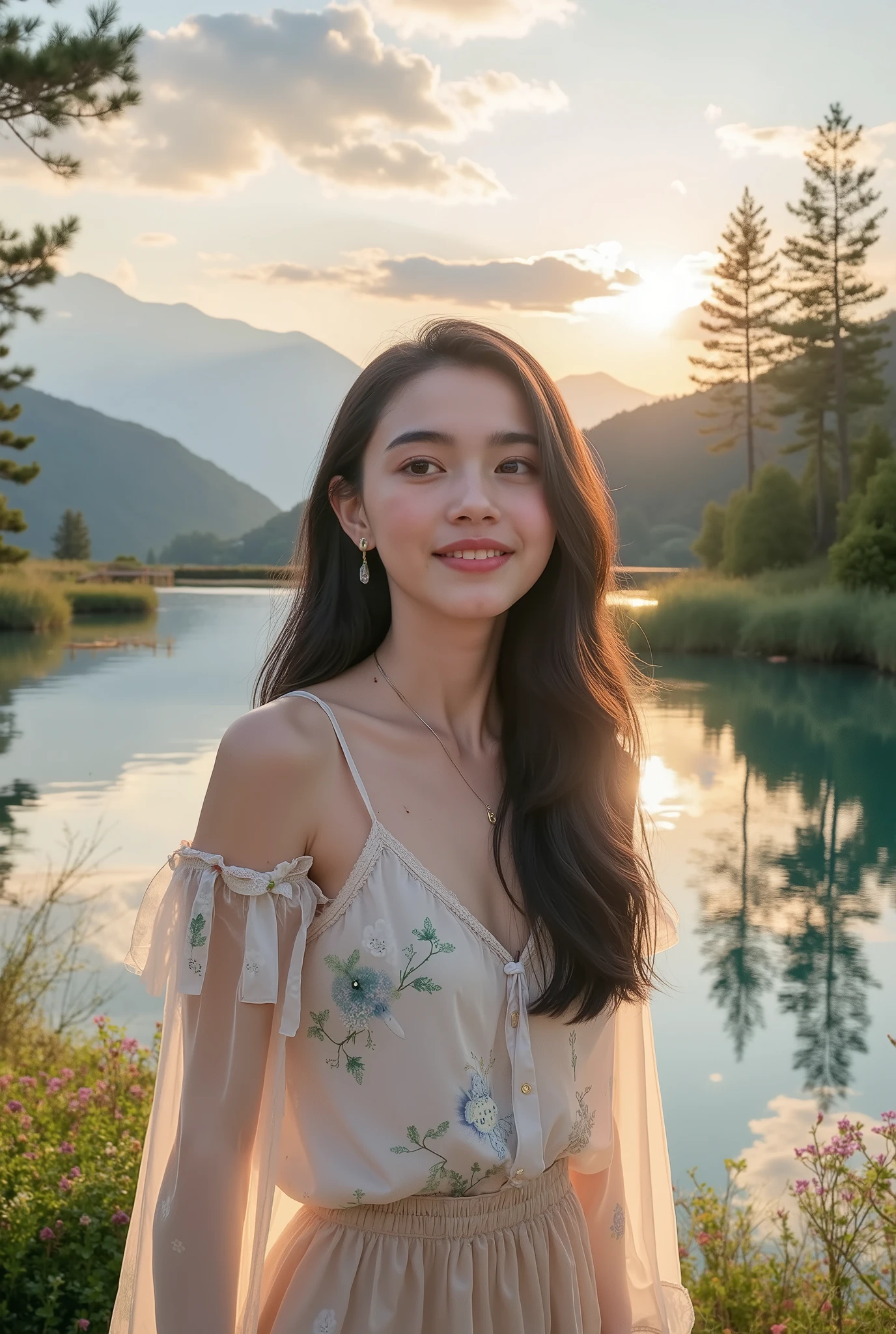 1 girl, happy expression, charming eyes, straight long hair, flowing skirt , big, Gazing at the Sun, Calm Posture, Porcelain Skin, A faint blush, crystal pendant Rest Golden Hour , (edge lighting): 1.2, cool color, Solar flare, Soft Shadows , bright color, Paint Effects, Great Atmosphere BREAK Scenic Area, Distant Mountain々, pine tree, Summit, reflections, sunlit clouds , quiet atmosphere, Idyllic sunrise, Super Detail, official art, Unified 8K Wallpaper , zentangle , Mandala