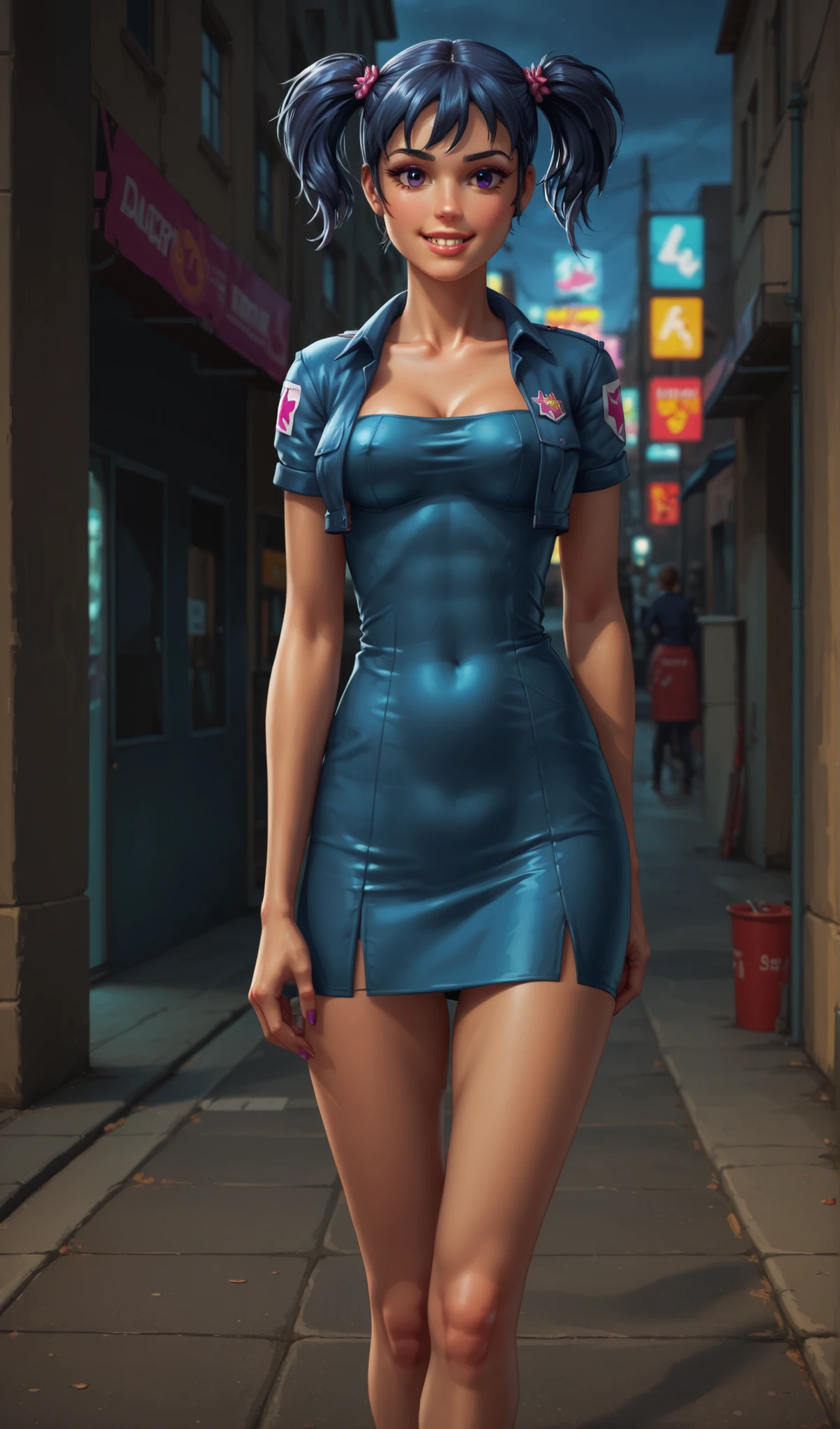 A late 30s woman, full length portrait, various modeling poses, catwalk strut, crowded city street, wide shot, UHD, 8k, strong details, BREAK: lopsided smirk, sapphire blue eyes, palest alabaster white skin, (slim and soft physique), full color body tattoos, heavily tattooed, ((skull tattoo above breasts)), honey blonde hair in a messy bun/mohawk, red bodycon dress, (low rooted bust:1.4), pierced nipples under dress, pokie nipples, long legs, (strong glutes), short torso