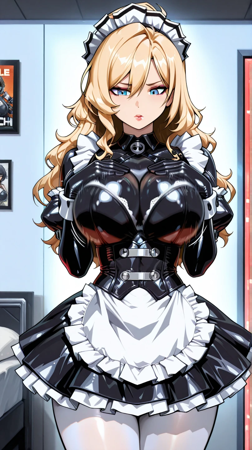 score_9, score_8_up, source_アニメ,Blonde,Blue Eyes,long hair,tall,very big breasts,sharp eye,((1girl)),shiny skin,Maid clothes,Black latex,front open,Areola,Reverse Bunny Suit
