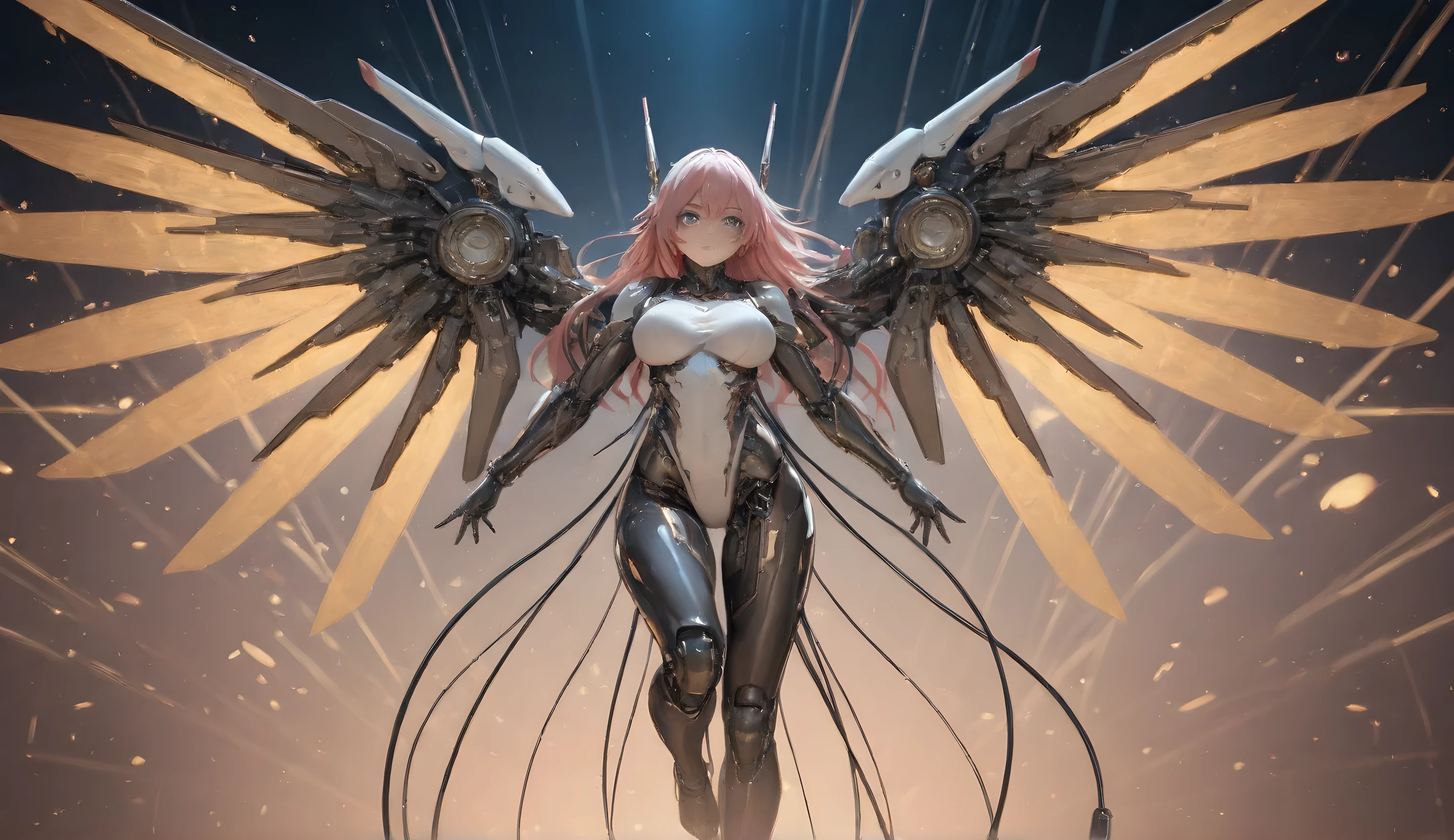 Anime drawn image, intricate, detailed, ornate, fantasy, machinery, neon, cyborg, mechanical parts, mechanical limbs, mechanical wings, cybernetic augmentations, probes, cables, wires, suspended in the air, ray tracing, 16k, UHD, cinematic, masterpiece, award winning
