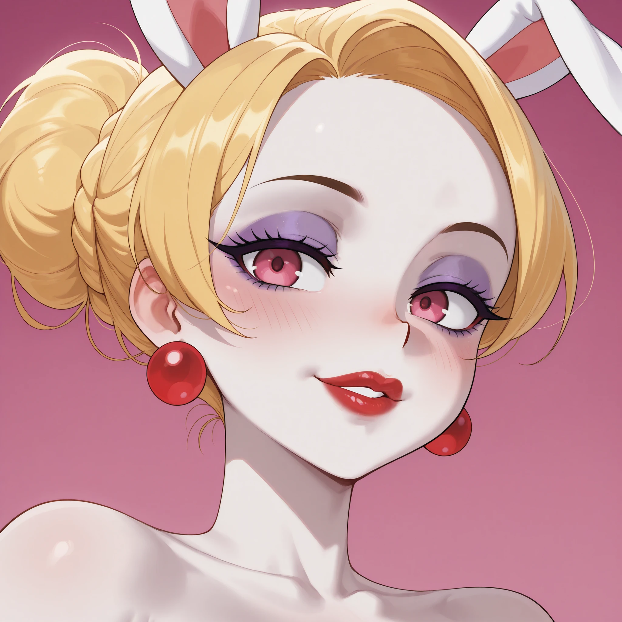 An extremely super beautiful impossibly gorgeous mature woman with purple eyeshadow makeup, half-lidded pink eyes, faint pink blushes, slim neck, cute ears, a small nose, blonde elegant princess-like hairstyle, extremely fair white pale skin, and red glossy plump bimbo fat round lips. She has a plain noticing expression and is looking straight at the user. Only show the woman's face, face closeup, super hyper-detailed, beautify her face.