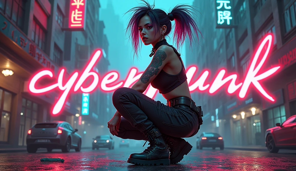 Jinx，Masterpiece, HighestQuali, Ultra-high resolution, 8K, A girl,Beauty,21yo,Fair skin, Extremely beautiful,Strong gaze, Alone,Bust portrait,Cyberpunk costumes, Extremely detailed face, Detailed eyes, mischievous grin, cheerful big breasts, Realistic photo, Completely realistic, People's Pell, Studio lighting,golden ratio body, Wide hips,Perfect legs, Big ass,Pink hair, double-bun,Blunt bangs,Orange and white clothes,d-cup breasts,In the cyberpunk city,Cyberpunk city setting,((Night)),rain,side pose,Tattoos,cheerfulness