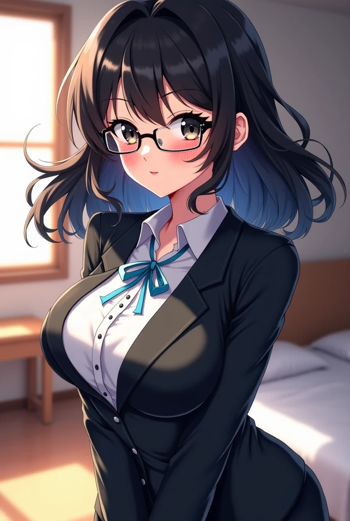 highest quality,wonderful,finely,extremely detailed CG unity 8k wallpaper,1 girl, big breasts,(school uniform:1.3), turn your arms behind your back, Transparent, black hair, glasses, green eyes,twin tails, highest quality,Super detailed,unity 8k wallpaper,game CG,
