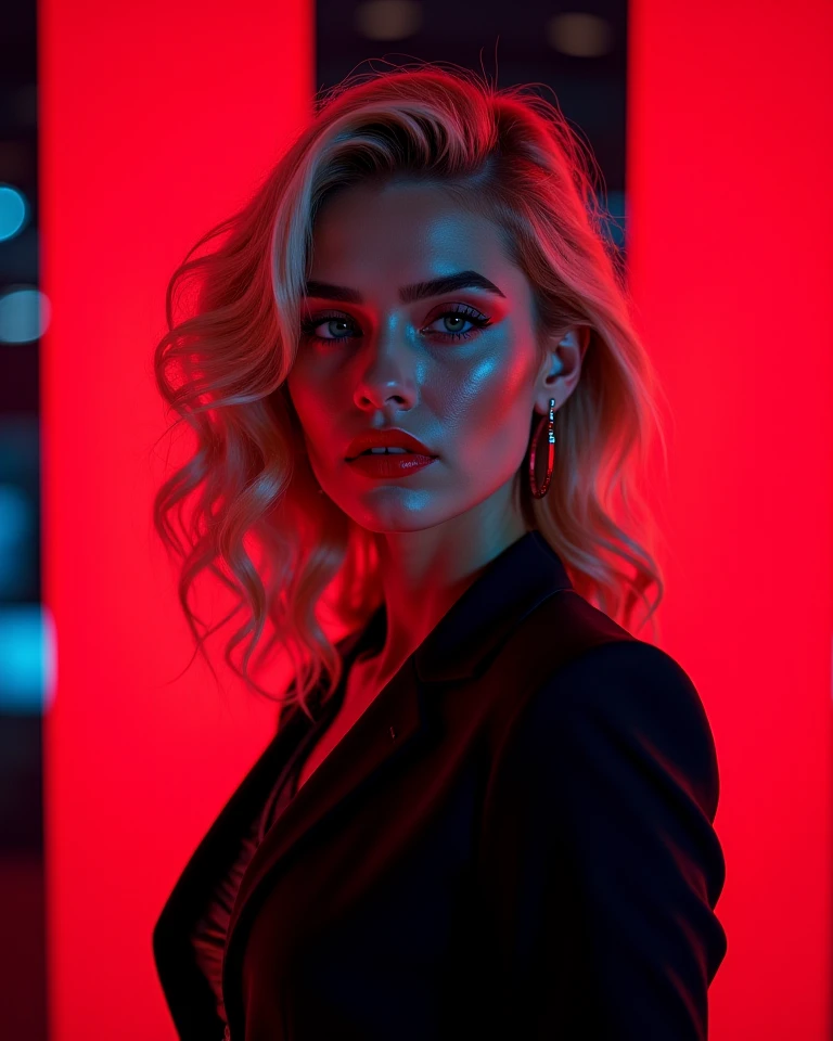 long dark blond hair, STRIKING DETAILS. red-yellow gel light, window shadows reflection from strobe light, gel light, soft glow light, A striking studio portrait of an 35-year-old slavic woman, illuminated by a dramatic mix of black and white with blue and red gel lights. A strobe light casts a soft shadow reflection in the background, enhancing the depth and mystery. Captured in a studio with a Nikon Z7 and a 50mm f/1.8 lens, the image focuses on the interplay of light and shadow with a melancholic and dreamy atmosphere., (((dynamic model pose))), full body, mesmerizing, dynamic, dramatic, dynamic pose, highly detailed skin with hair, subcutaneous veins, light and shadow play, highly detailed,24mm photograph, bokeh, professional, 4k,