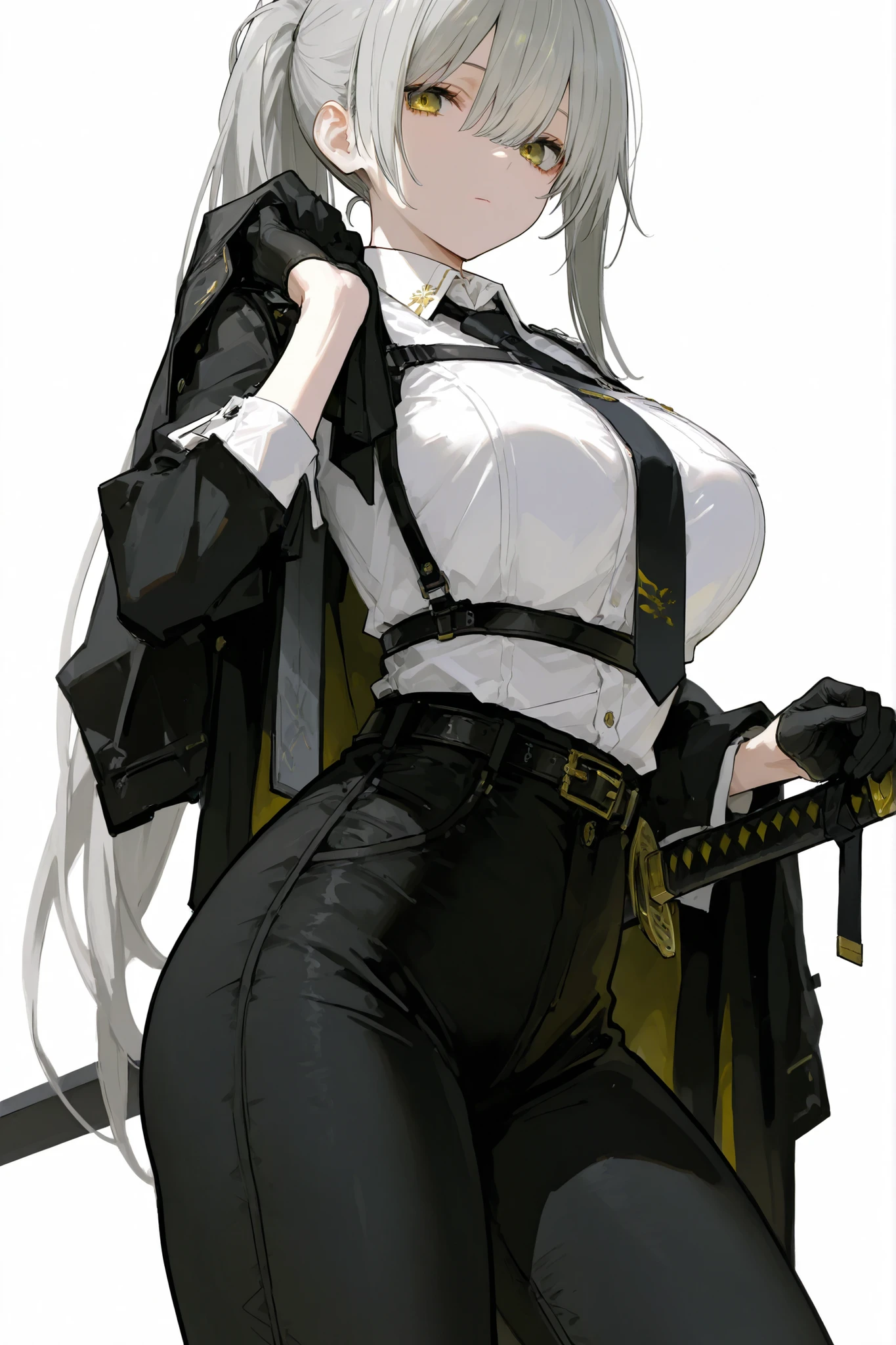 (Surreal), (Illustration), (High resolution), (in 8K), (Extreme Detail), (Best Illustration), (beautiful detail), (Best Quality), (masuter piece), (Wallpaper), ( Detailed face)、poneyTai、an eye patch、Black shirt、pant suit、neck tie、deacon、Wear less revealing clothing、full body Esbian、Realistic fantasy rendering, Realistic anime girl rendering, Full body portrait, (Big Breast: 1.4) popular in CGSTATION, wlop. 4K、highlight in eyes、Night background