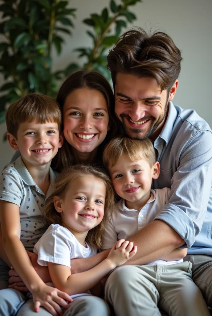 Create aboy sitting with his parents and two sisters with happiness