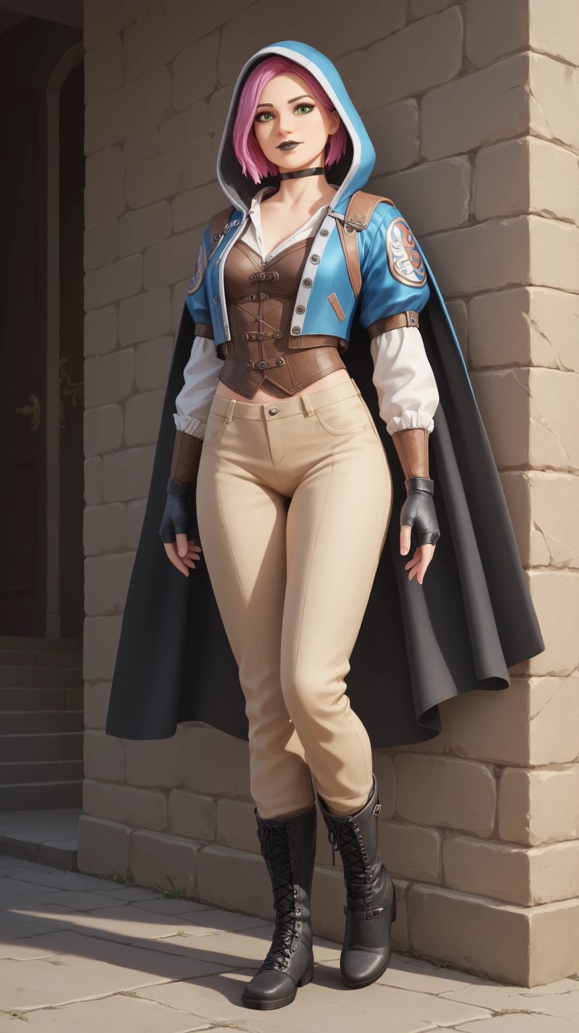 masterpiece,best quality,HDR,high-definition,Intricate Details,vray render,octane render,1girl, cute, musketeer, black skin tight pants, a blue musketeer hat with a white feather, a blue musketeer tabard
