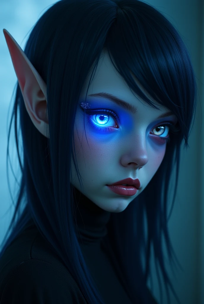 A blue-black haired elf with black alien eyes in a futuristic world, broadcasting on webcam platform in lingerie