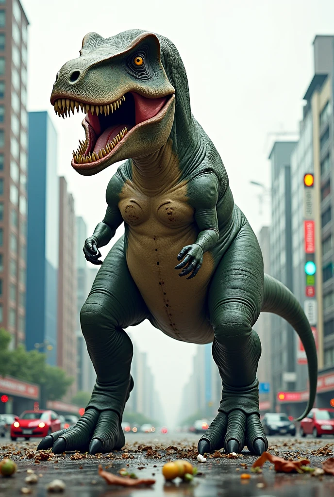 A Tyrannosaurus rex, walks through a ruined Downtown Bangkok, focus on its tiny clasping hands as it hunts Tik Tok women