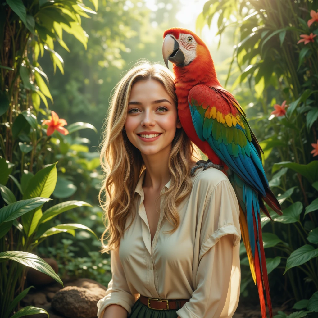 blonde woman WITH A PARROT IN HAND