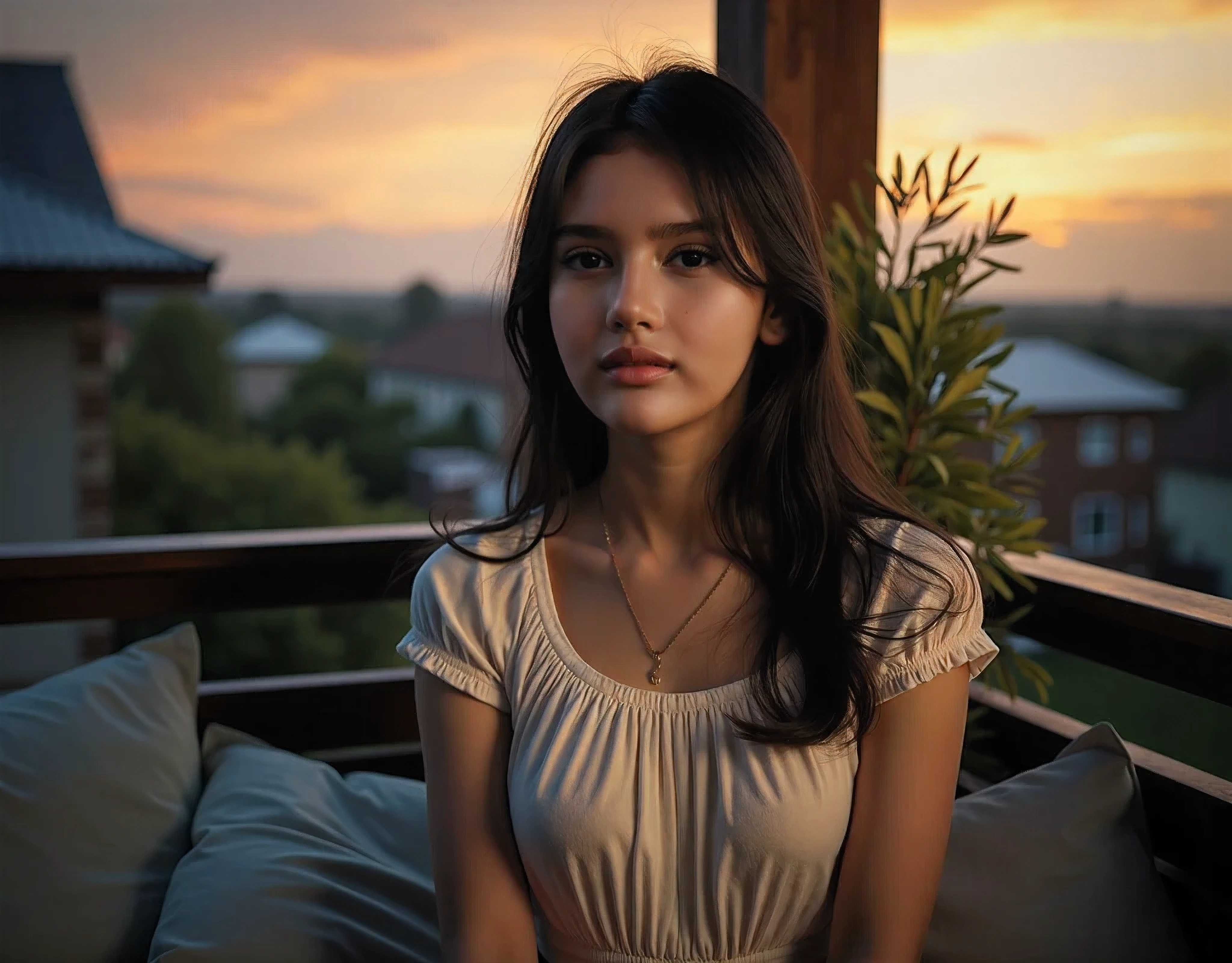Amber autumn sunset, a young korean-Filipina tween girl, appears to be aged 14, weight 40kg, long hair, light skin,good quality, Sexy photo of a girl sitting on the outdoor couch at the veranda at her cozy and inviting countryside home, Suburban setting with view of houses and shops from the veranda, looking at the photographer, looking at the camera, looking at viewer , Nikon Z8 + NIKKOR Z 24-120 mm f/4 S, realistic,life-like skin texture,symmetrical,aesthetically pleasing,cinematic composition,detailed portrait,photorealistic,masterpiece,ultra-detailed,sharp focus,physically-based rendering,extreme detail description,professional,vivid colors,high resolution,4K,studio lighting,dramatic lighting,dramatic shadows,dramatic atmosphere,dramatic background,dramatic pose,cinematic framing,cinematic lighting,cinematic camera angle,cinematic depth of field,moody,dark,chiaroscuro,dramatic color palette,dark and moody,dramatic colors, cozy cotton pants