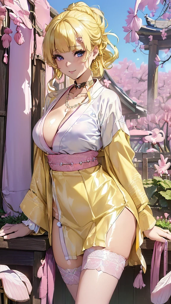(masterpiece, best quality:1.2), kongiku, muramasa, red eyes, thighs, japanese clothes, 1girl, fox ears, leaf, kimono, cleavage, lantern, solo, (huge breasts:1.1), leaf on head, paper lantern, single thighhigh, bamboo, grey hair, lips, hitodama, sandals <lora:KONGIKU-15:0.7>