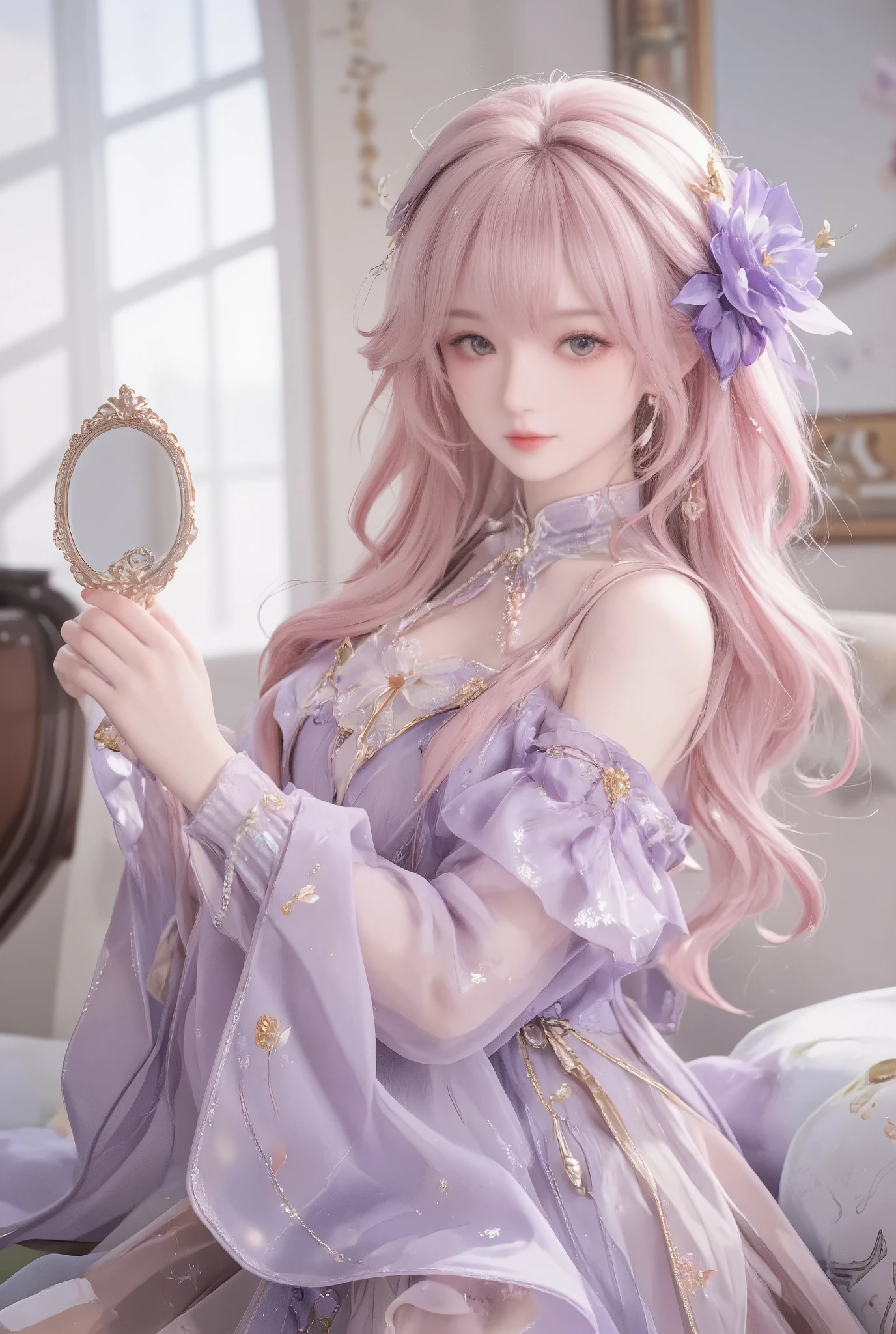 anime girl with pink hair and a purple dress holding a mirror, guweiz, artwork in the style of guweiz, shadowverse style, a beautiful fantasy empress, guweiz masterpiece, 2. 5 d cgi anime fantasy artwork, anime fantasy artwork, smooth anime cg art, beautiful character painting, ruan jia and artgerm, anime fantasy illustration
2
Long pink hair with flowing curls adorned with a large purple and gold floral accessory. Wearing an elegant dress with a mix of soft pink and purple tones, embellished with small floral patterns and pearls. The dress has sheer, patterned sleeves and a high collar. She is holding a delicate, ornate hand mirror with gold detailing in one hand. The setting suggests an indoor environment with soft, diffused lighting, creating a dreamy and ethereal atmosphere. The light casts gentle shadows, enhancing the soft, romantic mood of the scene.