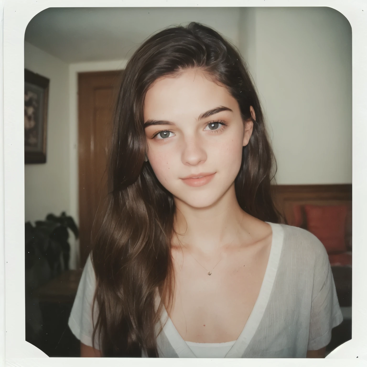 portrait of a girl, long brown hair, fujifilm-instax-mini-v1beta, polaroid