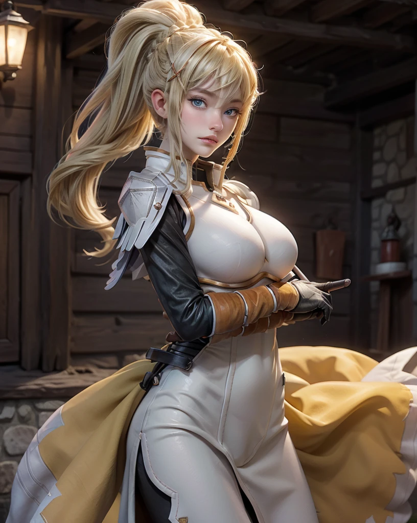 16K, Ultra High Definition, Super detailed, Shiny detailed hair, detailed face, fantasy landscape, solo, looking at viewer, {{best quality}}, {{masterpiece}}, {{ultra-detailed}}, {detailed light}, ultra high quality eyes, detailed eyes, perfect eyes, large eyes, detailed blue eyes, beautiful lips, blushing, open mouth, tongue out, ahegao, blonde hair, long hair, ponytail, beautiful, curvy body, white skin, slutty, erotic, suggestive, armor, kneeling on the ground, ((nsfw))