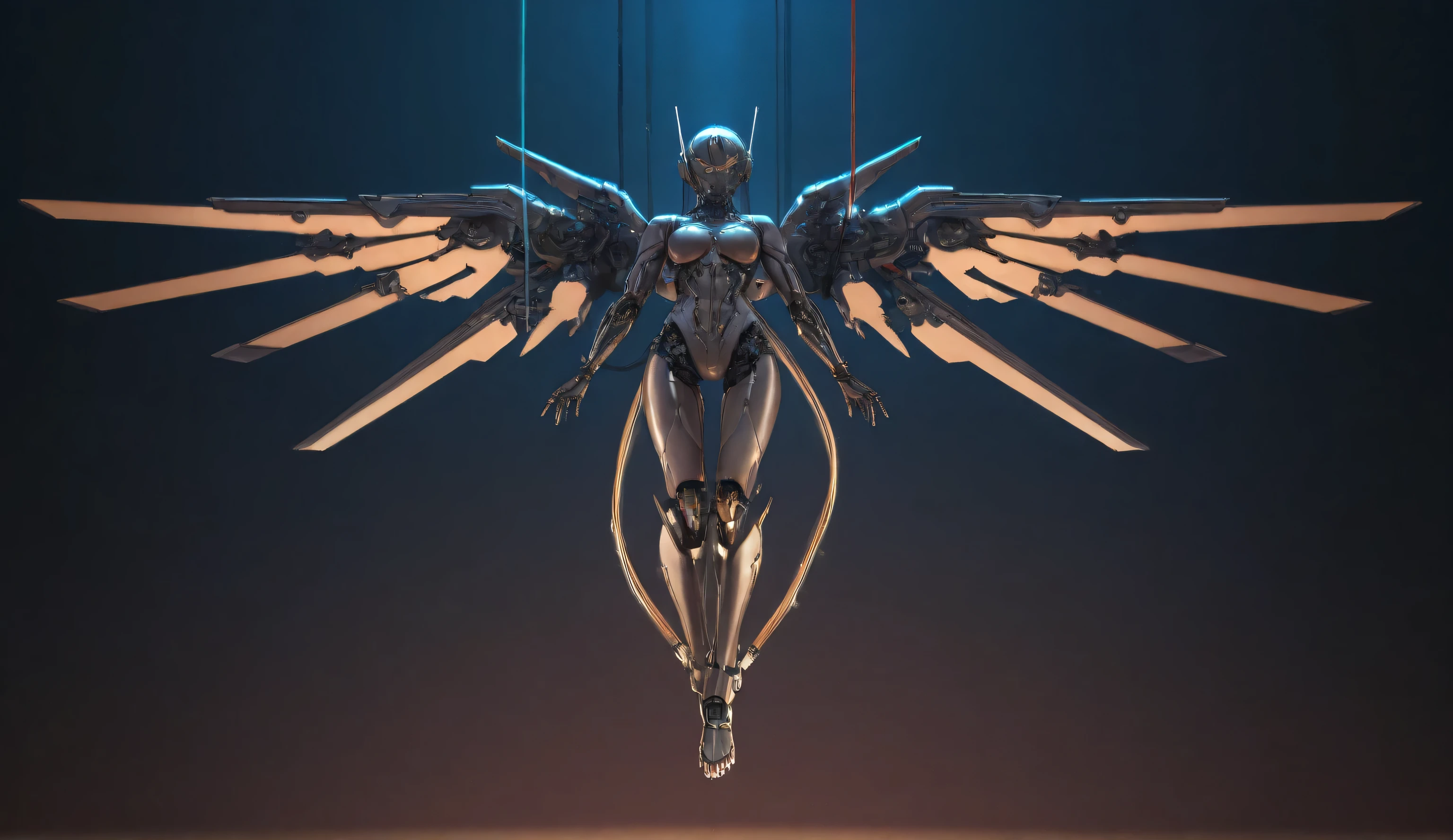 Anime drawn image, intricate, detailed, ornate, fantasy, machinery, neon, cyborg, mechanical parts, mechanical limbs, mechanical wings, cybernetic augmentations, probes, cables, wires, suspended in the air, ray tracing, 16k, UHD, cinematic, masterpiece, award winning