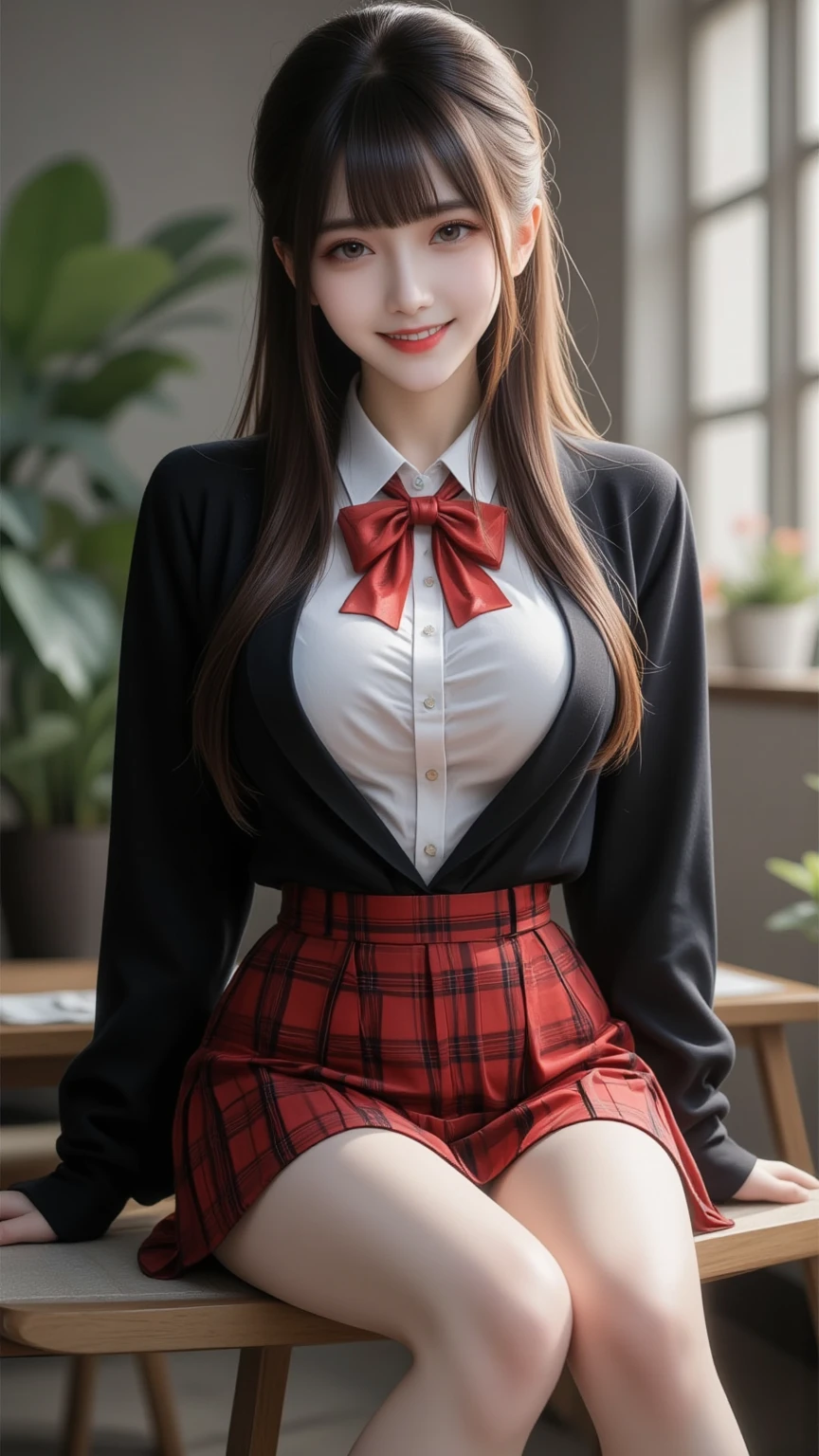 Photorealistic, high resolution, 1womanl, Mature female, Solo, Hips up, jewelry, Wavy hair, Long hair, school uniform, shirt, Skirt