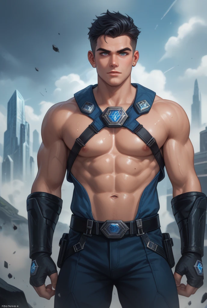 a photorealistic image of a young muscular bald handsome man from the future wearing transparent skintight turquoise and white space captain's uniform including a decorative jockstrap, dynamic pose