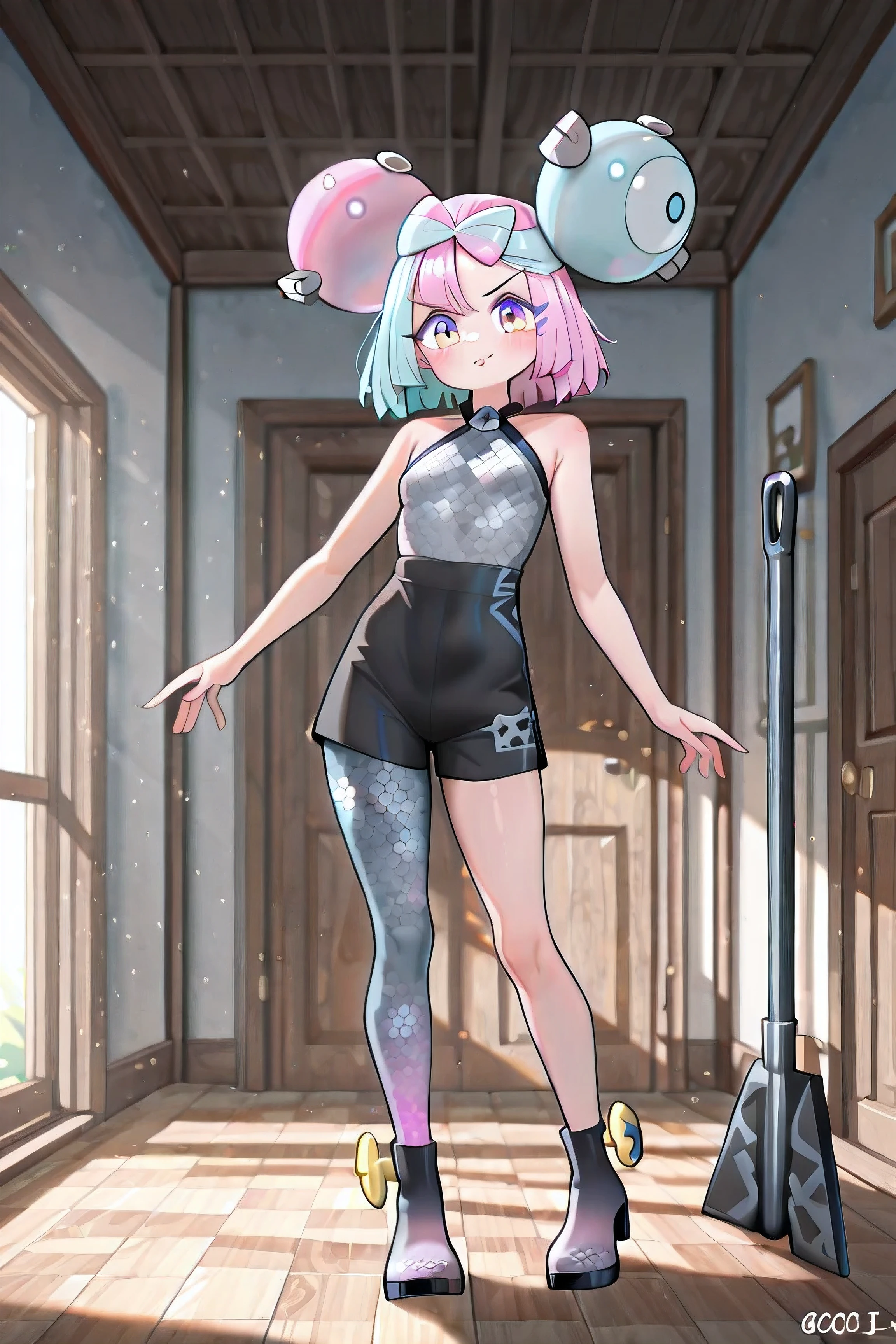 Iono (Pokémon Scarlet and Violet), , , ((((Just 1 Iono)))), Small and flat breasts, short hair,  bicolor hair, light blue and pink hair, two-toned eyes, pink and blue eyes, (((rays in the irises))), falls, falando, boca aberta, extremely detailed face, anime clothes/jogo, cheomgsam gray checkerboard, short black short, checkered gray pantyhose, black shoes with large screws, extremely detailed clothes, inside the house, standing, Facing the viewer, full body, 4K, Best Quality, obra-prima.