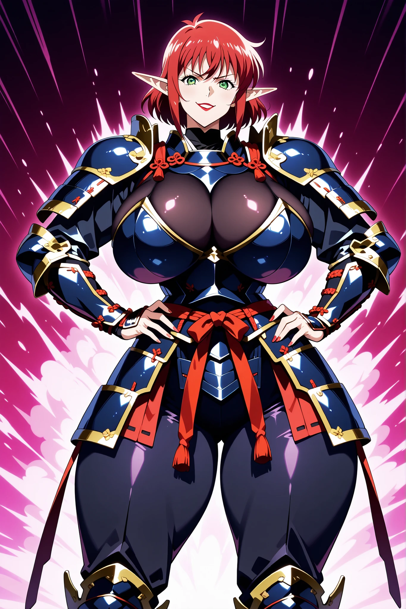 "(masterpiece:1.1), best quality,
1girl, (80s anime style:1.3), (eyelashes:1.5), (:1.2),
(intricate high detailed body:1.2),
(red hair:1.1), (hair between eyes:1.1), (bob cut:1.1),
purple eyes, (red lip stick:1.3),
(slim body:1.1), (gigantic breasts:1.5),
(light smile:1.2),
(see-through cloth body suit armor, underboob cutout:1.2), (pantyhose:1.2),
(knight armor, armored boots, capelet:1.2), (frill:1.1), (ahoge:1.2), sleeve,
standing, leaning forward,
(upper body, cowboy shot, looking at viewer, from front:1.1),
(daytime, grassland, outdoors:1.2)"