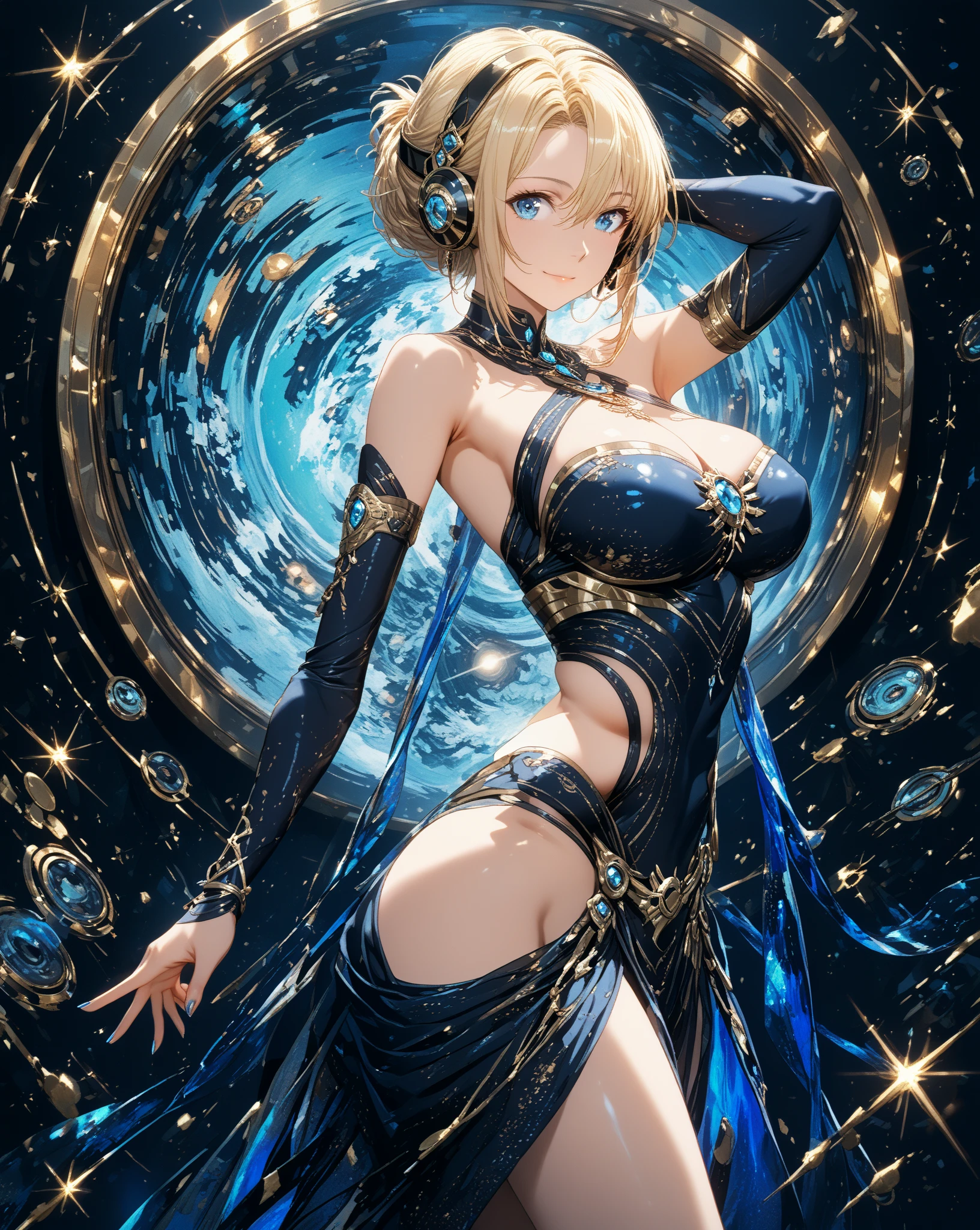 top-quality、Top image quality、​masterpiece、girl with((18year old、Gold underwear,Best Bust、Medium bust、Bust 85,Beautiful blue eyes、Breasts wide open,Sexy Gold Dress、Gold Miniskirt、Gold Earrings、Gold necklace、Gold Ring、Shining golden ponytail、sexypose）hiquality、Beautiful Art、Background with(Shining meteors,kosmos、Gold Room、Gold Table、Gold Chair、Monitors、Gold Room、Gold Bookshelf、Golden Falls、phoenix)),masutepiece、Elaborate design、visualart、depth of fields、The best lighting、highestdetailed、Front Angle