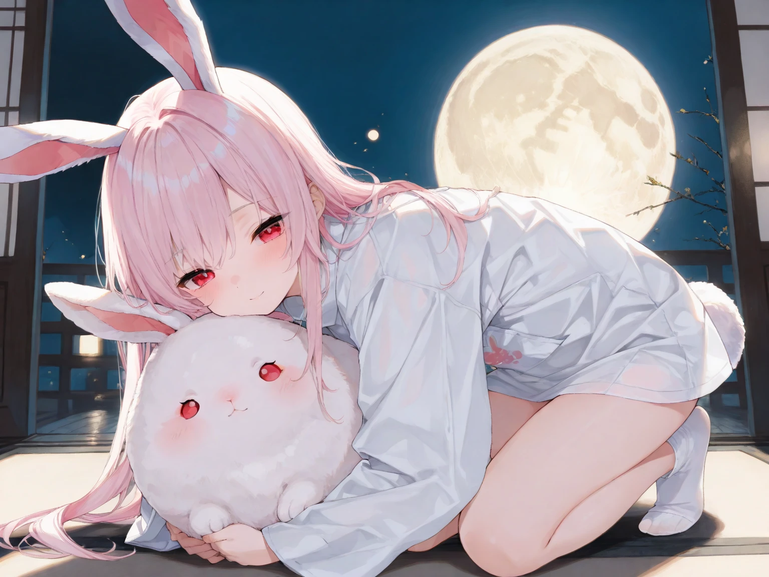 ((masterpiece, best quality, amazing quality, hyper-detailed)), (absurd, very aesthetic), (hyper-detailed background, lighting), (1girl, moon rabbit, usamimi, full body, beautiful eyes:1.1, A lively expression, eyes:1.1, (Clean clothing), (Big full moon)