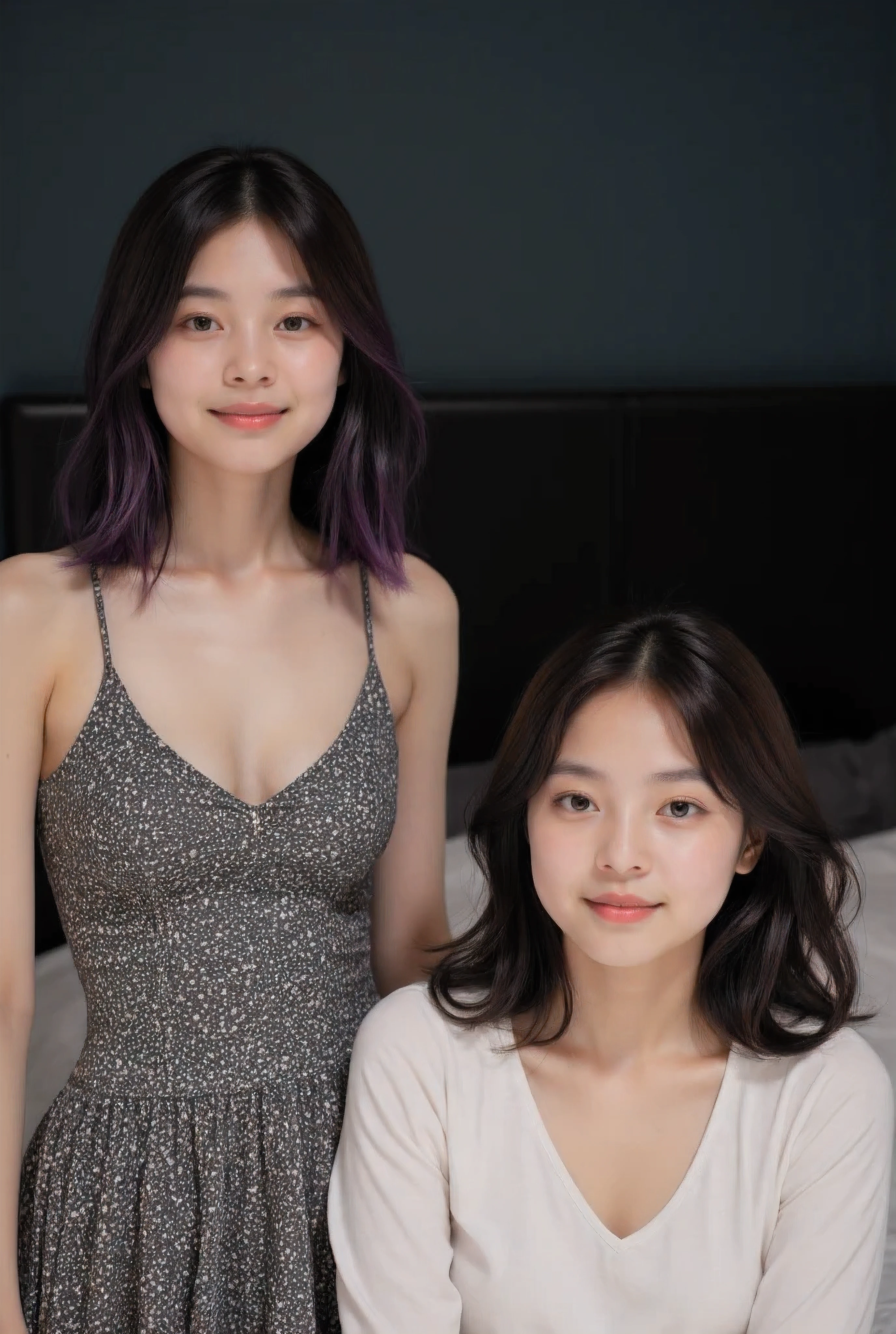 Adorably cute and lovely brown-skinned tanned Filipina-korean Spanish Sexy cute elegant petite 33 year old goth wife with gray-brown hair is resting in my bed with my adorable and innocent like 16-yrs old sexy medium perky breasts young little daughter with purple streaked hair wearing a long shirt